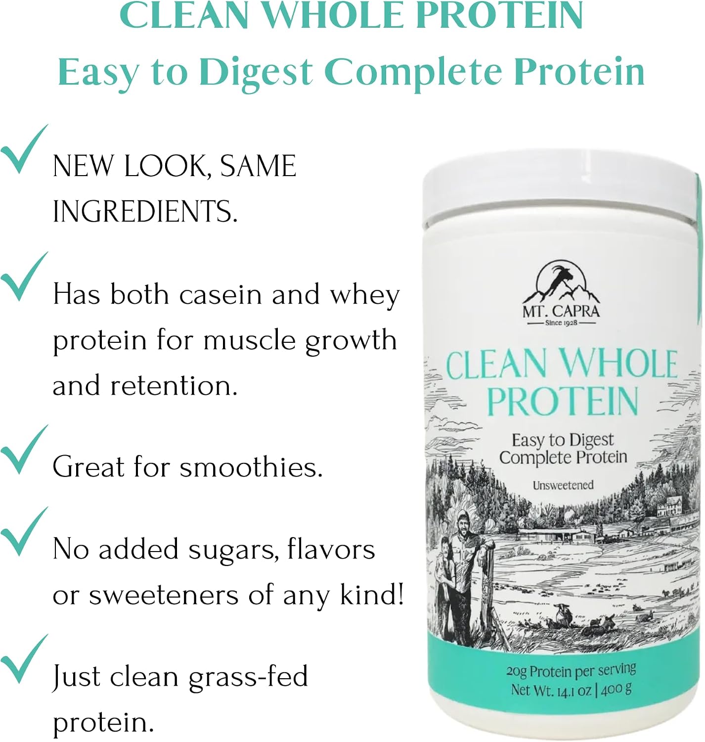 Mt. Capra Clean Whole Protein | Grass-Fed Goat Protein with Whey and Casein Protein | No Bloat, Build and Maintain Muscle, 20 g Protein per Serving