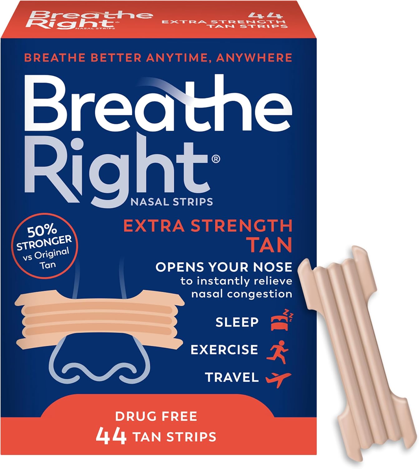 Breathe Right Nasal Strips, Extra Strength, Nasal Congestion, Tan, 44ct | Opens nose and increases nasal airflow