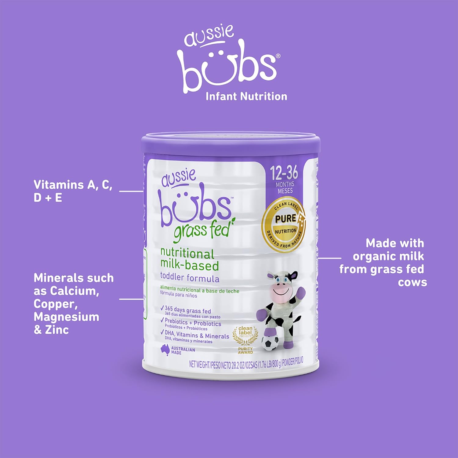 Bubs 365 Day Grass Fed Infant Formula for 0-12 Months, Non-GMO Milk, 20oz | Cow Milk-Based Powder with Iron, DHA, Prebiotics & Probiotics to Support Gentle, Digestive Health