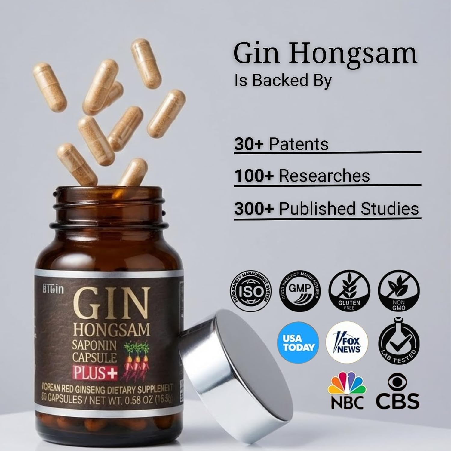 Gin Hongsam Saponin Capsule Plus Korean Red Panax Ginseng Extract - High Rg3 & Compound K Supplement - Caffeine Free Extra Strength Energy