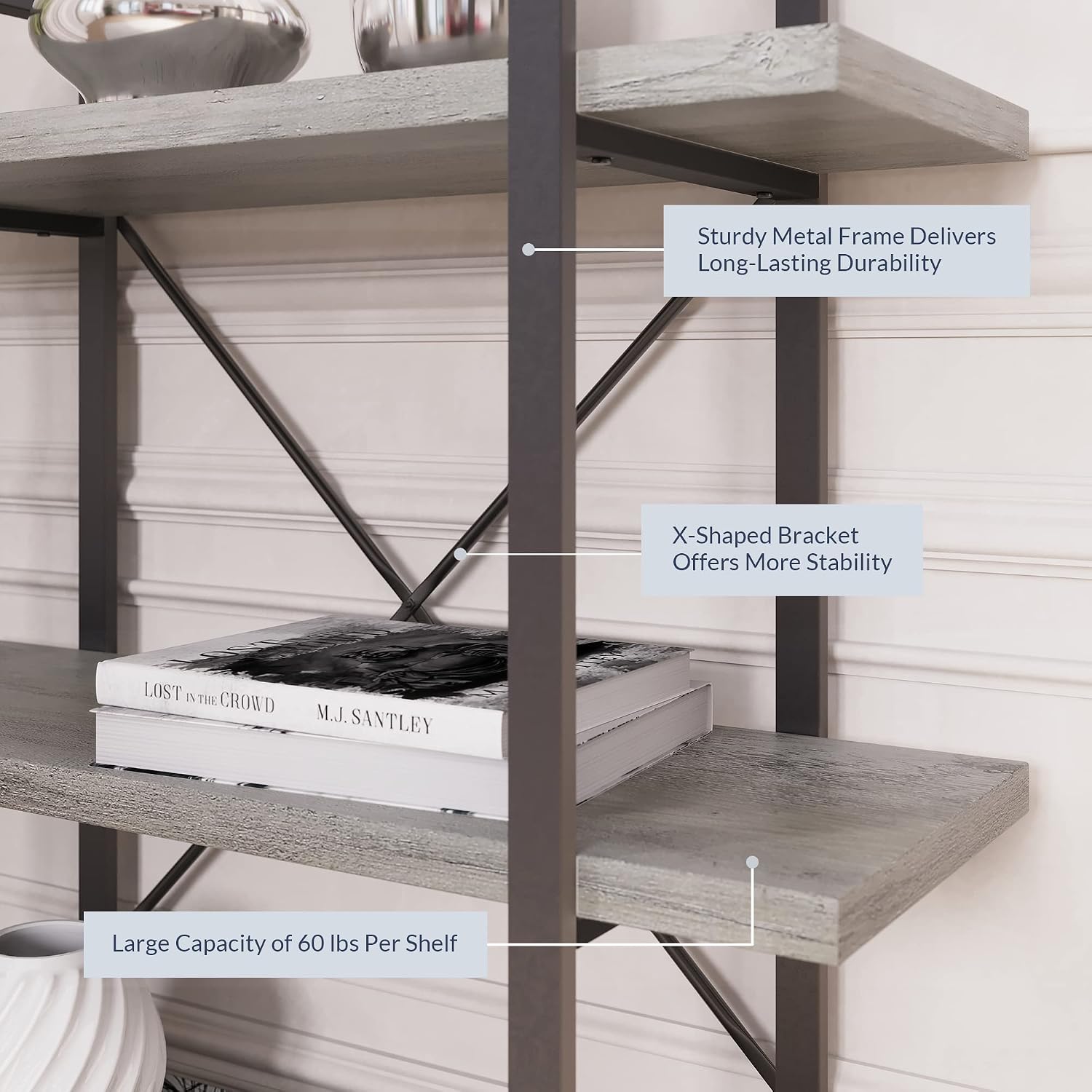 BELLEZE 4 Tier Modern Rustic Industrial Bookshelf, Open Wide Office Etagere Book Shelf