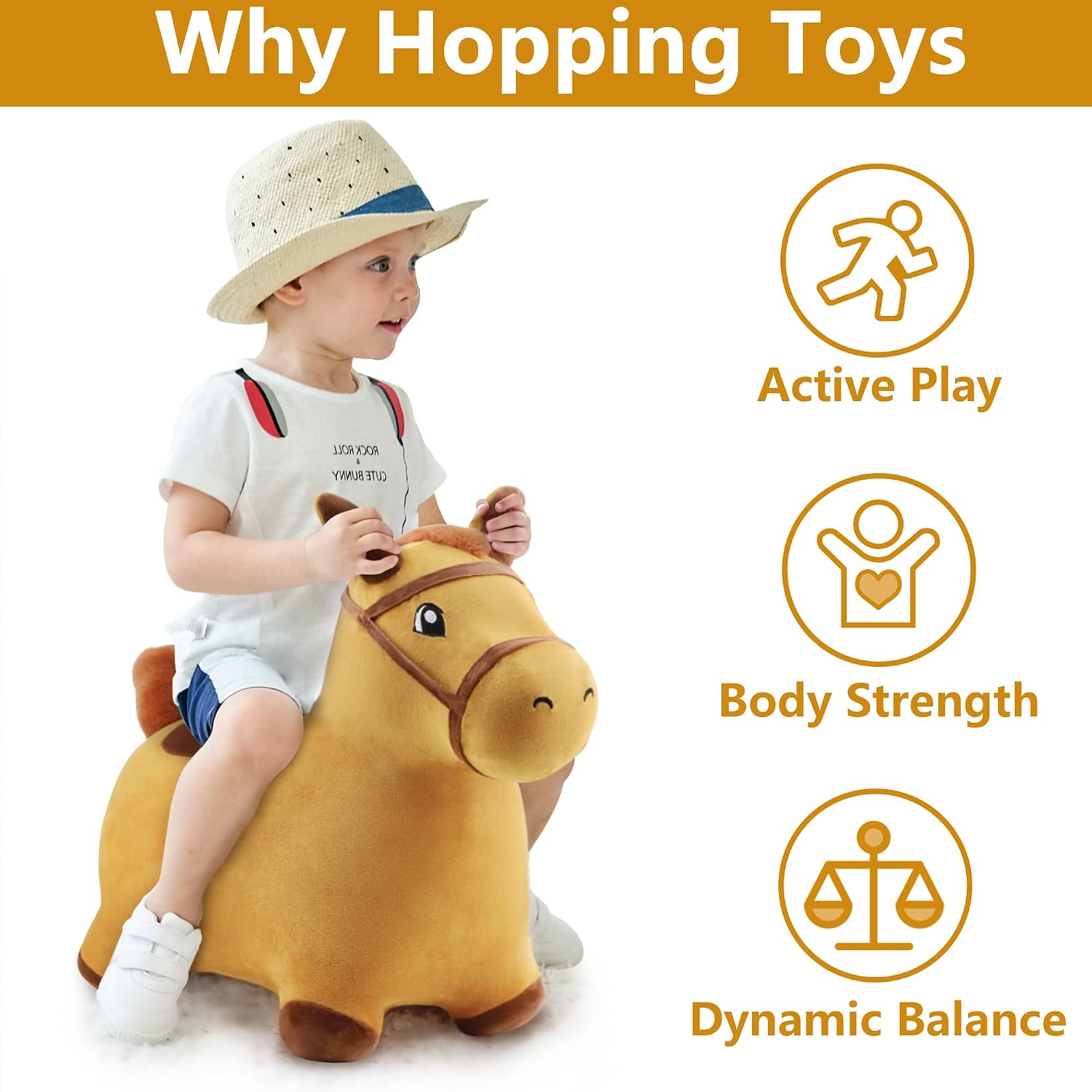 Bouncy Pals Toddler Horse Hopper Toy, Kids Outdoor Ride Bounce Farm Animal | Inflatable Bouncing Hopping Toy, Indoor Baby Plush Bouncer Horse, Birthday Gift for 18 Month 2 3 4 Year Old Child Boys Girls