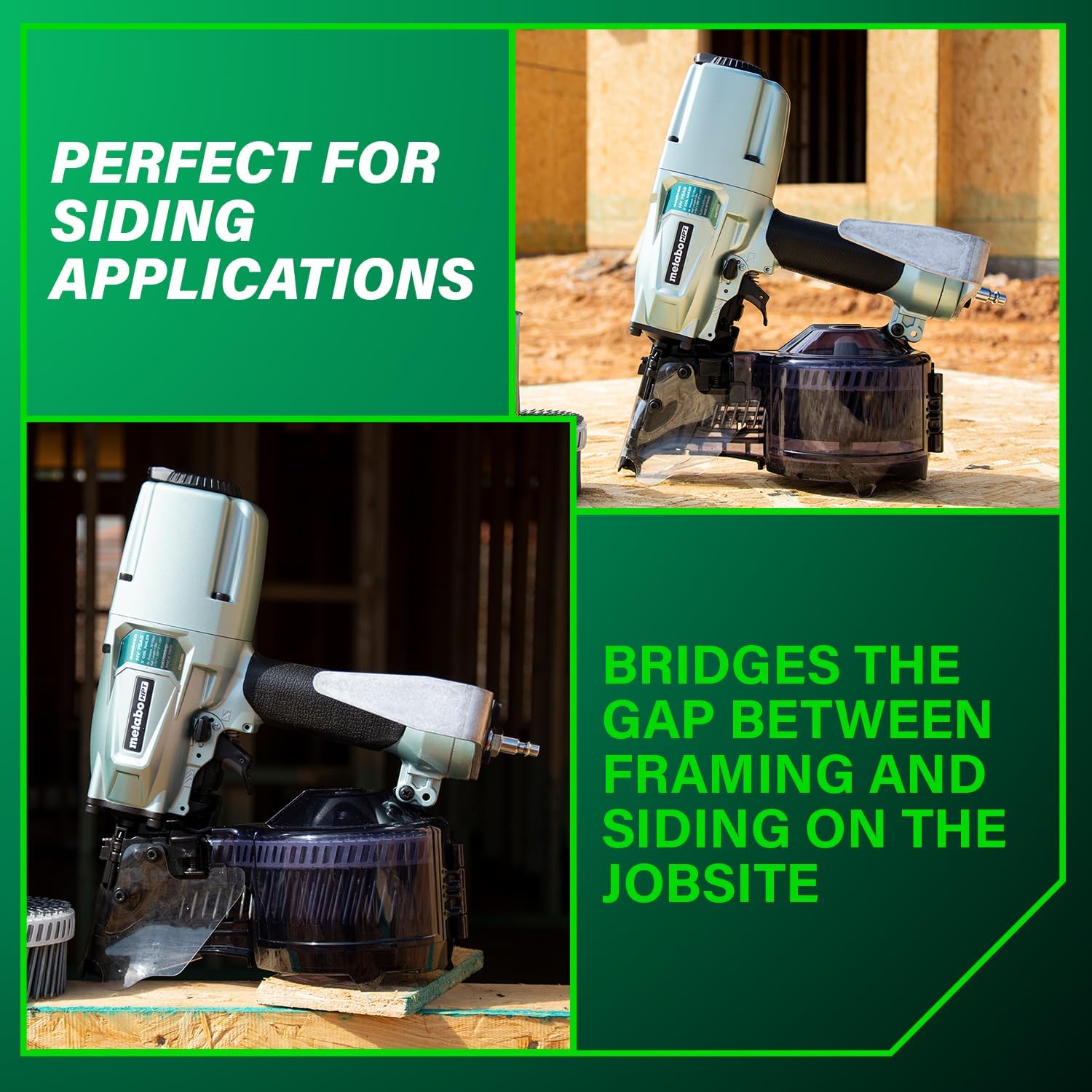 Metabo HPT Pneumatic Coil Nailer for Siding and Framing, NV75A5 | 16° Wire Collated Nails 1-3/4" to 3", 15° Plastic Strip Nails to 2-1/4"