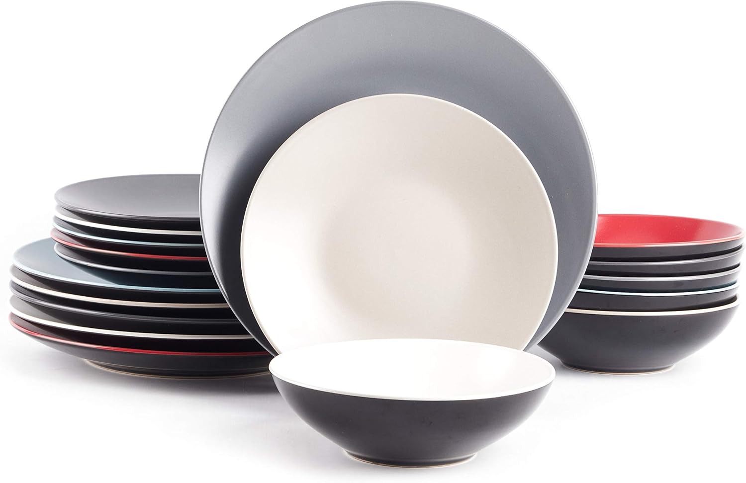 Stoneware Two-Tone Colors Life 16pc Dinner Set，Outside Shiny Black + Inside Matte Glaze Olive