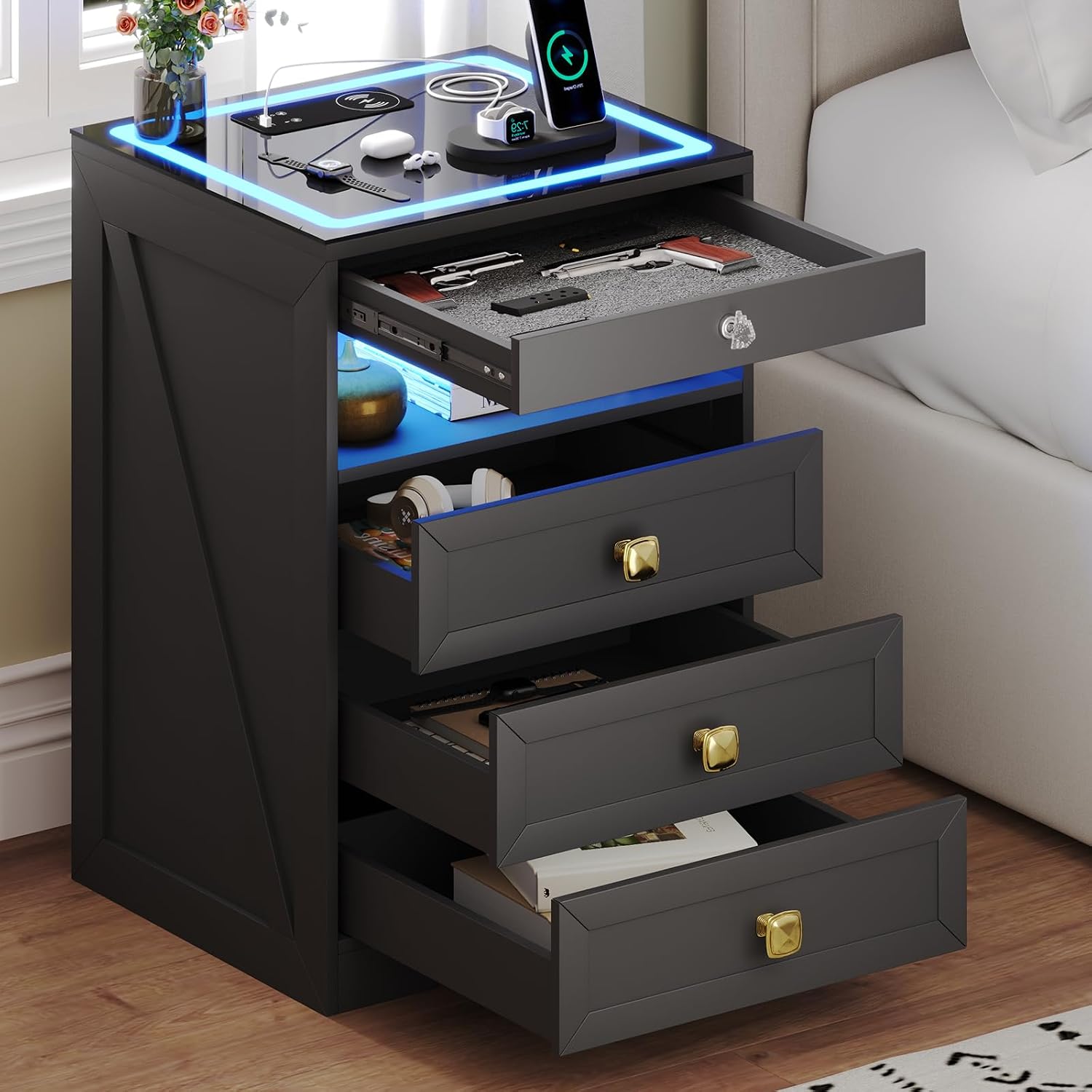 Smart LED Nightstand with Lockable Gun Drawer & Glass Top（Black） | Modern Bedside Table with Charging Station and Hidden Storage, LED Night Stand with 4 Drawers & Motion Sensor for Bedroom