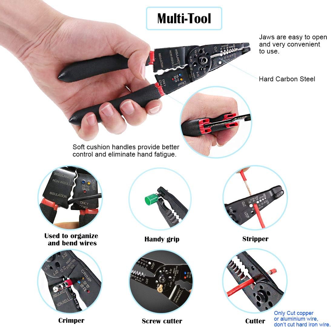 Glarks 8" 10-22 AWG Multifunction Wire Stripper/Crimper/Cutter and 175Pcs Twist Nuts Caps Electrical Wire Connectors Screw Terminals with 5Pcs