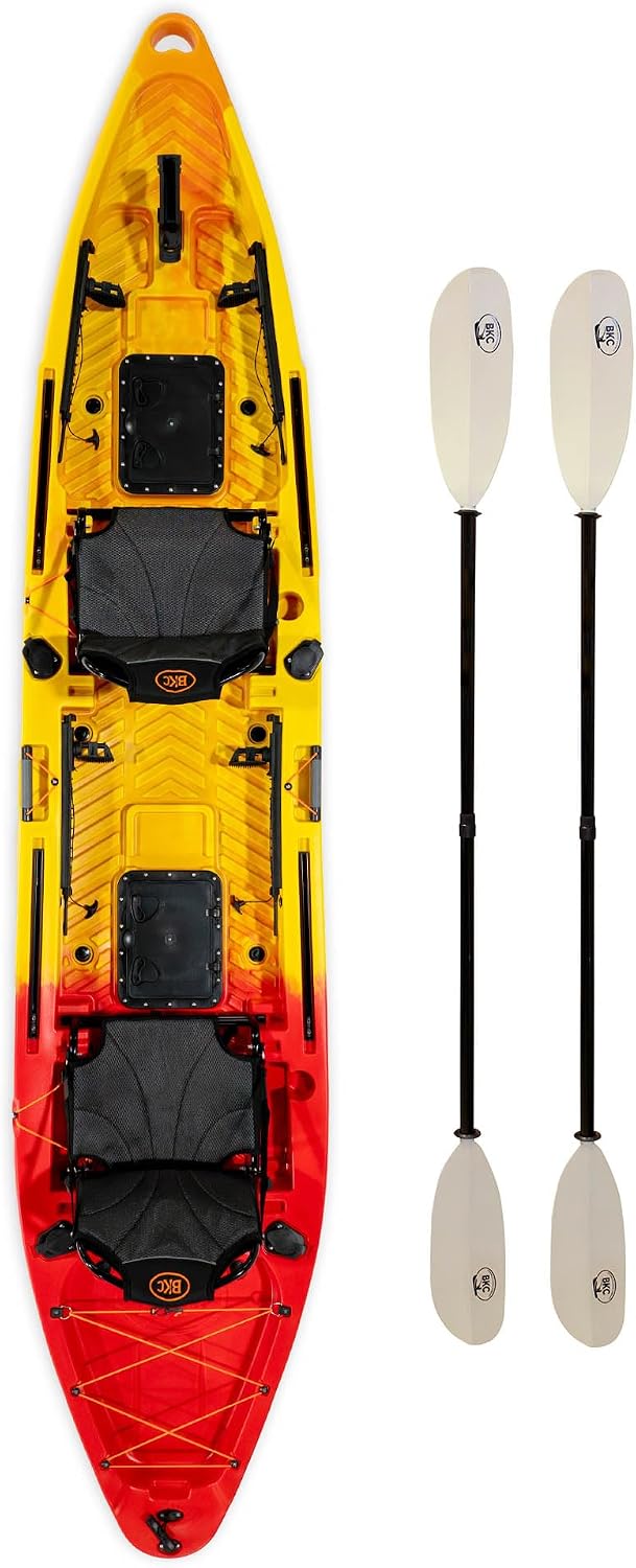 BKC Brooklyn 13.0 Pro Tandem Fishing Kayak, 2 to 3 Person | 800 lb capacity, adjustable frame seats, large dry storage, rod holders, stable wide hull, tandem or solo paddling