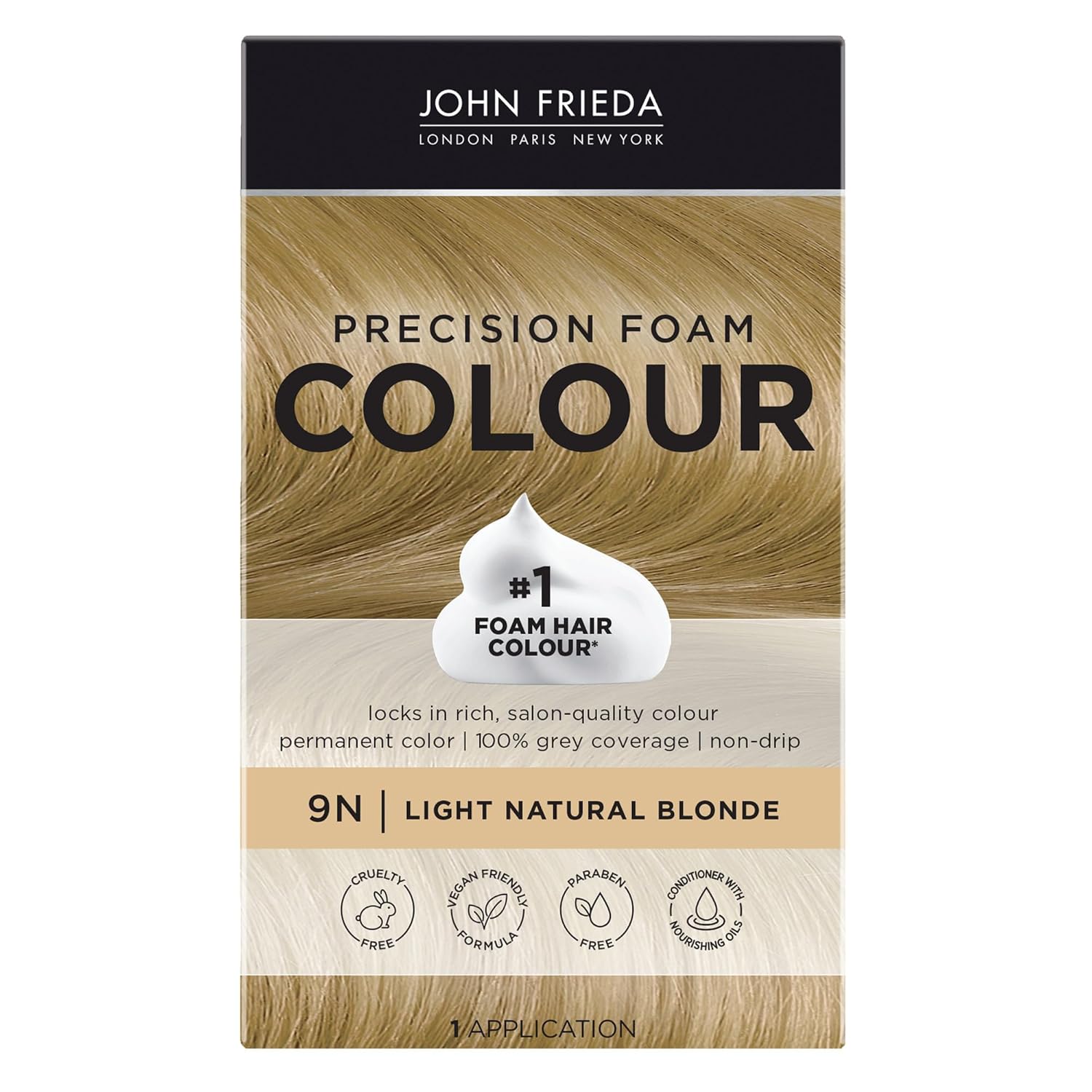 John Frieda Precision Foam Colour Light Natural Blonde 9N, 1 Application | Full Gray Coverage, Anti-Fade Color, Light Blonde Tone, Deep Saturation, Easy Foam Application