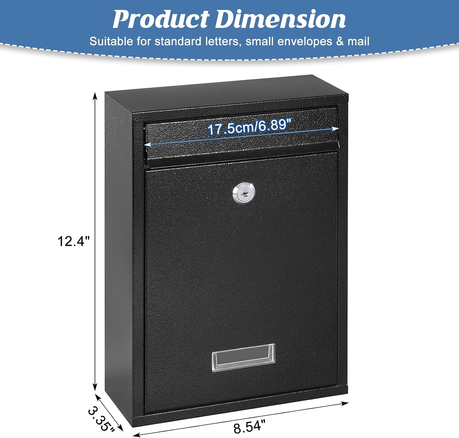 KYODOLED Mailbox for Outside, Wall Mount Locking Mailbox, Security Drop Box with Key Lock for Letters, Cash, Cards, Steel Mail Box for House Office School, 12.4H x 8.54L x 3.35W Inches, Black