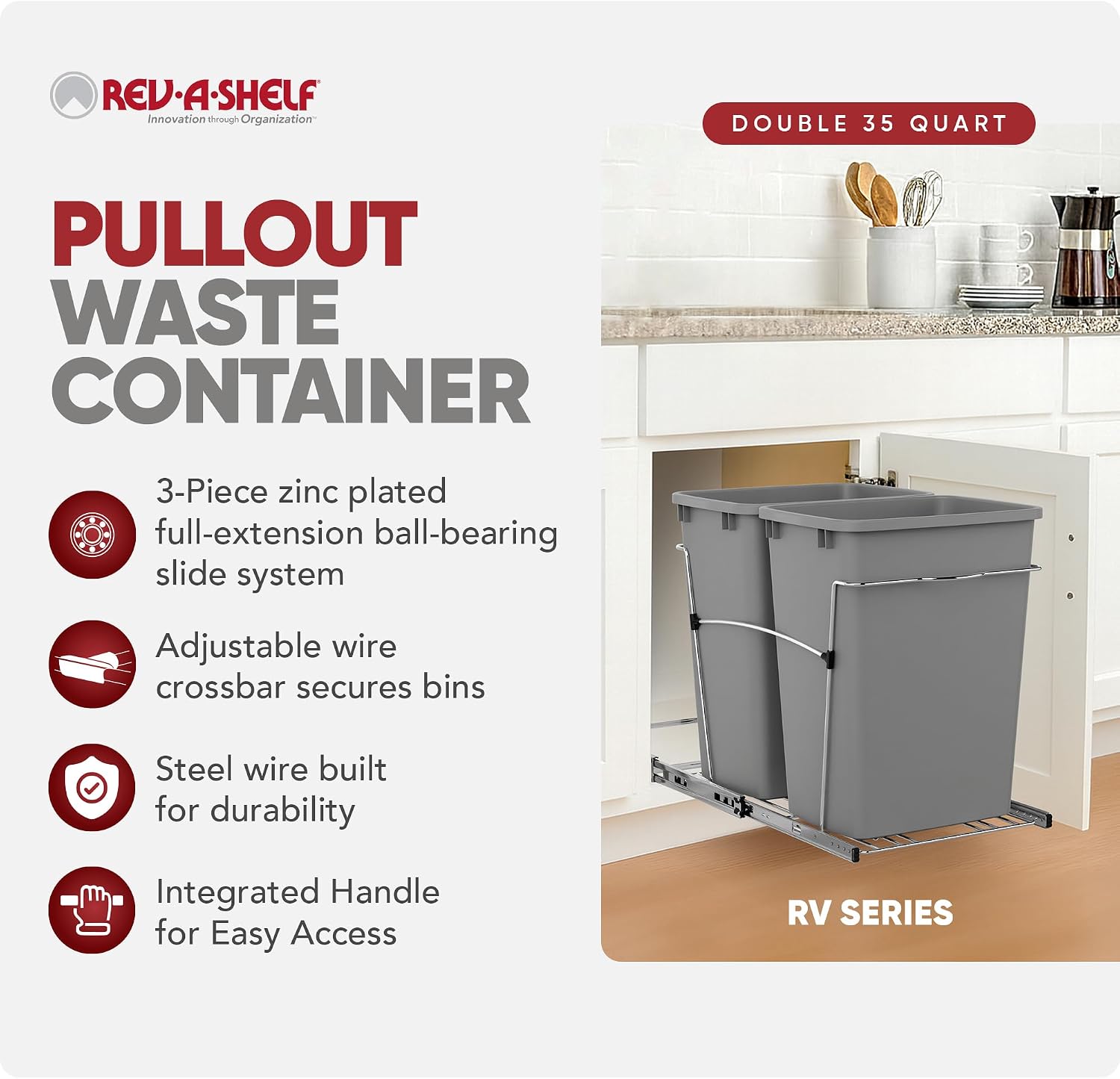 Rev-A-Shelf Double Pullout Garbage Trash Cans for Kitchen Cabinets, 35 Qt
