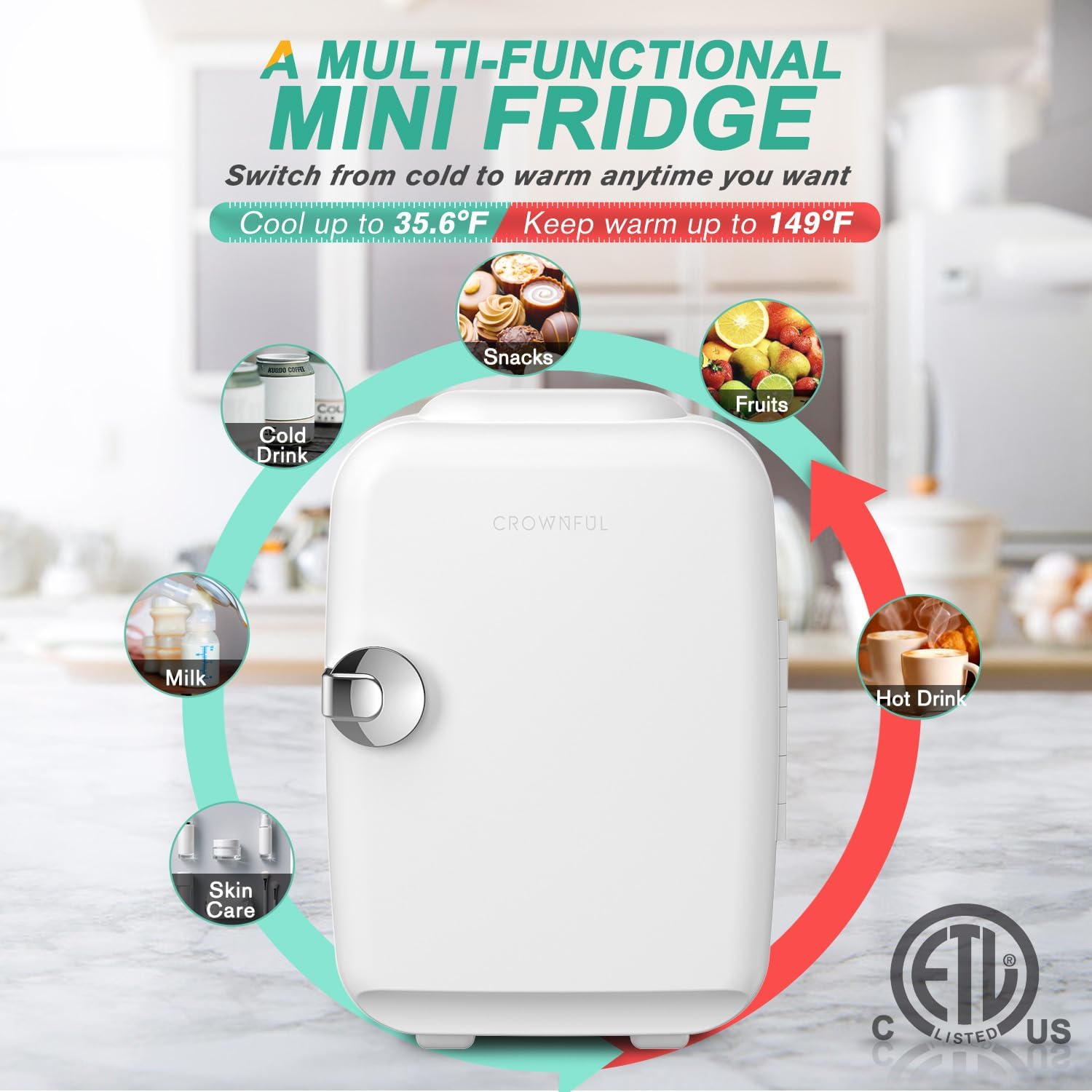 CROWNFUL Mini Fridge, 4 Liter/6 Can Portable Cooler and Warmer Personal Refrigerator for Skin Care, Cosmetics, Beverage, Food, Great for Bedroom