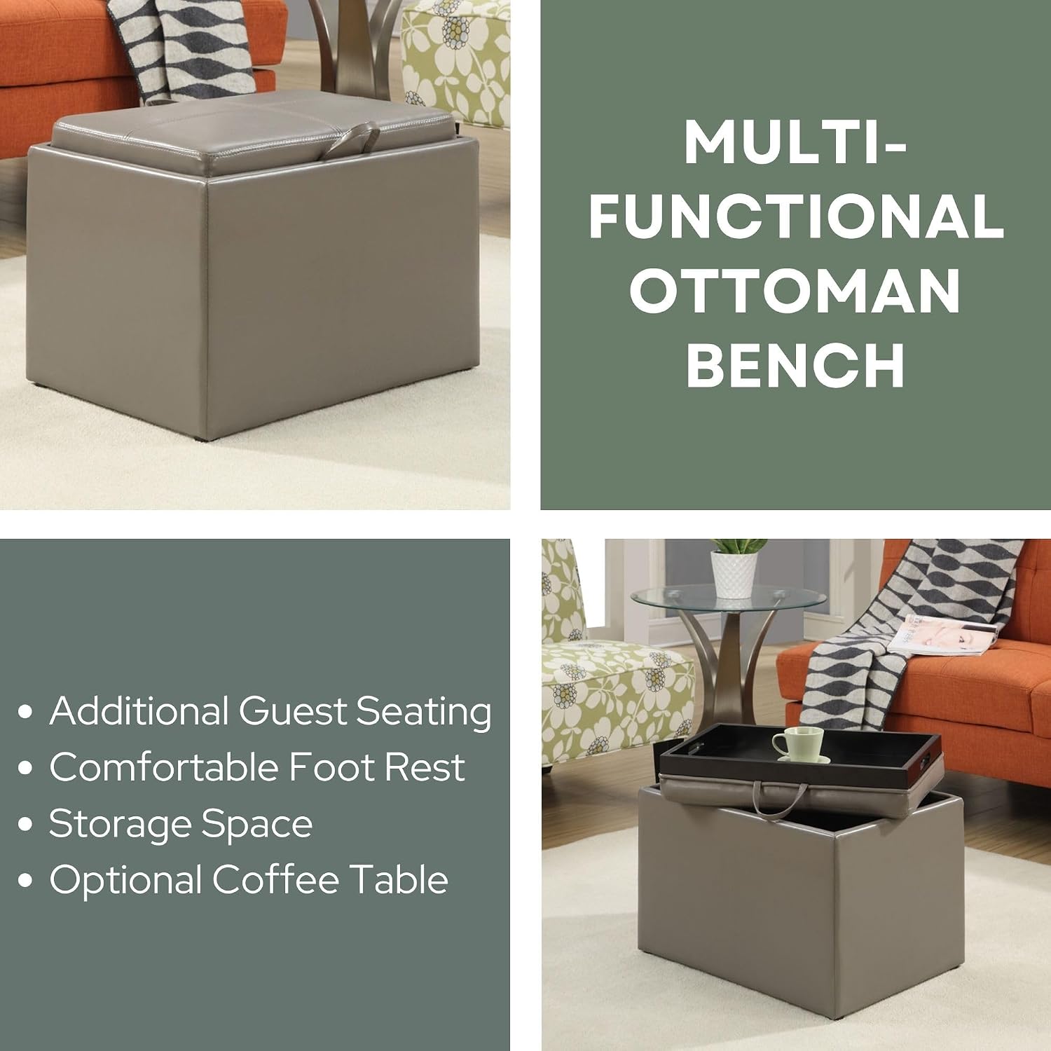 Convenience Concepts Designs4Comfort Accent Storage Ottoman 22.75" - Modern Foot Stool with Decorative Tray for Living Room, Dining Room, Office, Blue Faux Leather