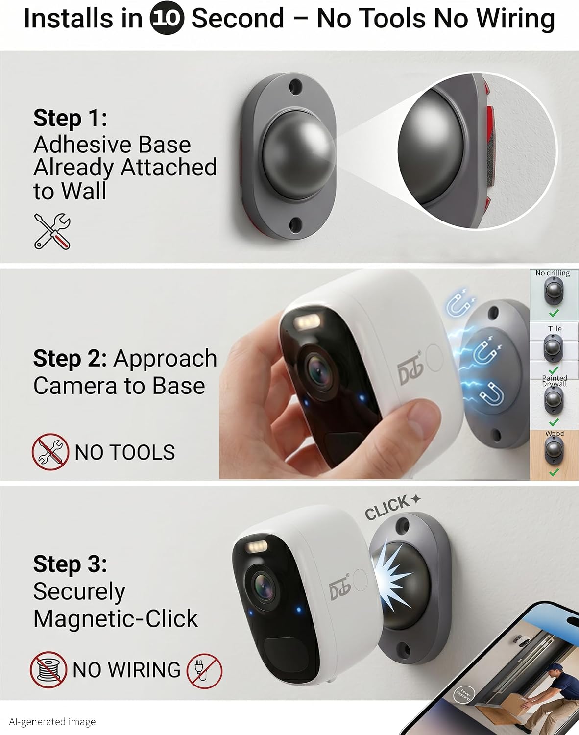 DCT Magnetic Security Camera Outdoor: See Who at Door in 2K - 10s No-Drill