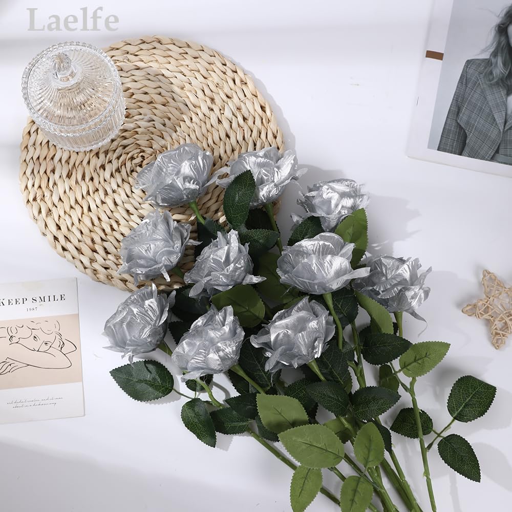 12 PCS Artificial Flowers Roses Silk Flowers Fake Long Stem Artificial Roses for Home Wedding Decorations (Yellow)