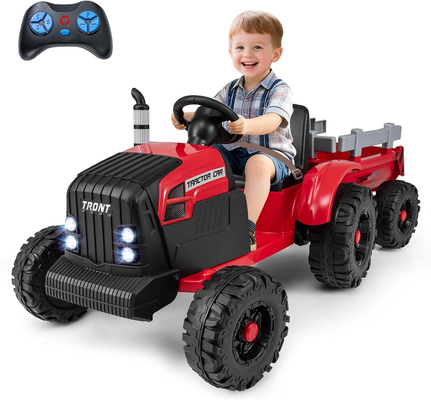 Costzon Ride on Tractor with Detachable Trailer, Kids' Electric Vehicles w/3-Gear-Shift Ground Loader, Wireless Design & USB, 7 LED Headlights