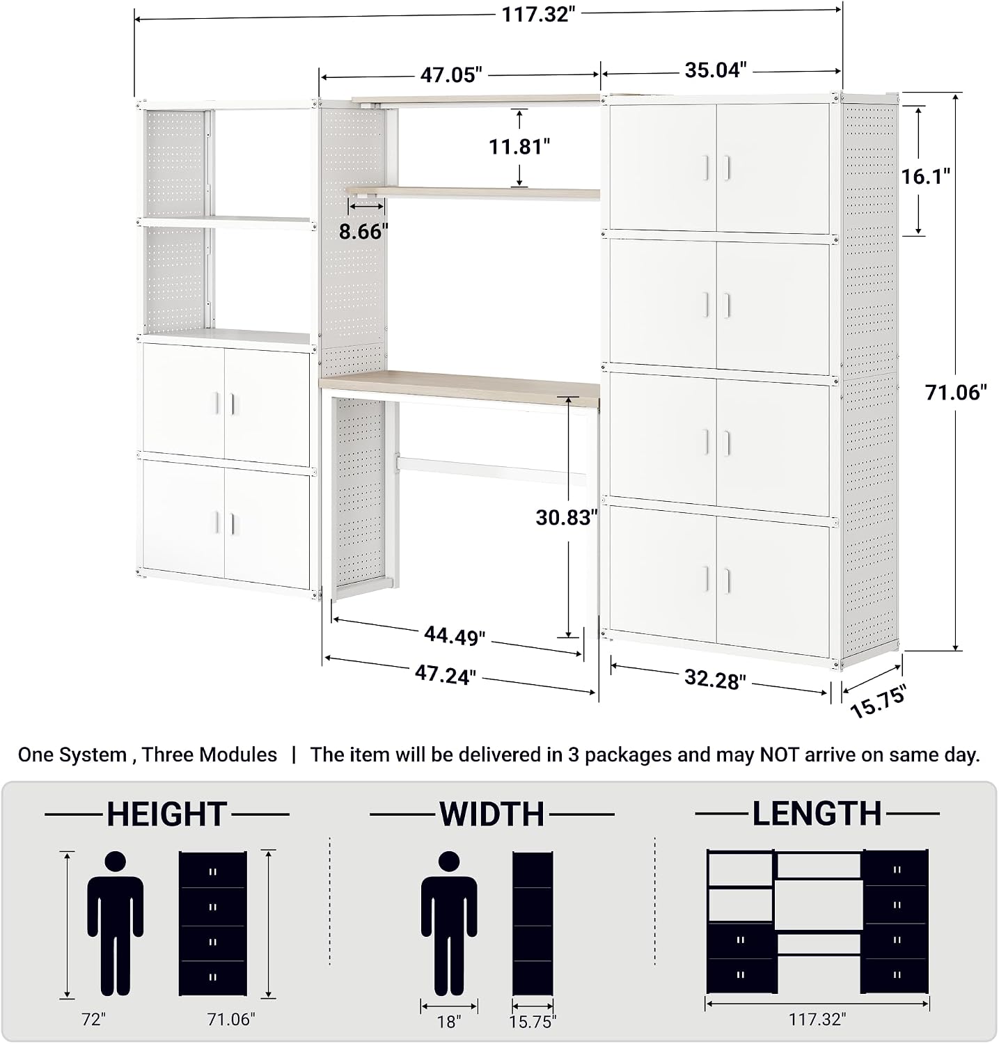 FLEXIMOUNTS 117"W Modular Garage Storage Cabinet with Workbench, Black | 6 Doors, 3700lbs capacity, Metal board shelf includes pegboard, 3-in-1 metal tool cabinet, 24-gauge steel, FLEXIMOD Series