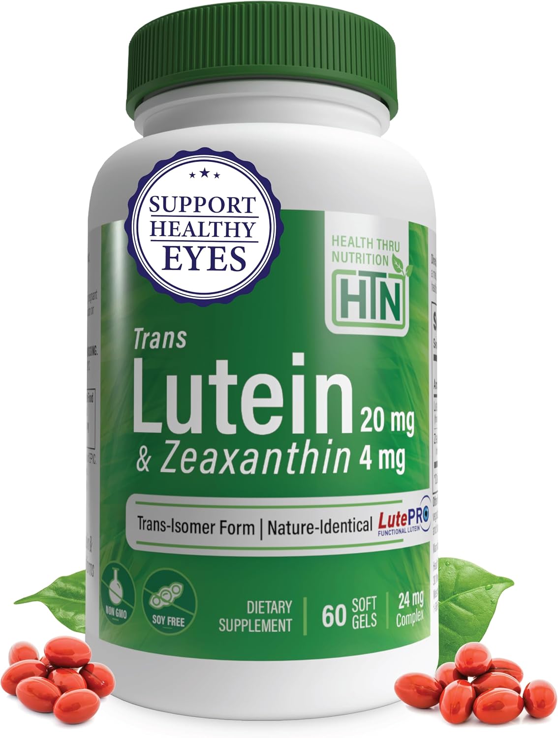 Trans Lutein 20mg Trans Zeaxanthin 4mg, 60 Softgels Health Thru Nutrition | Trans-Isomer Lutein Supplement Marigold Extract in Nature Identical 5:1 Ratio | Supports Healthy Eye, Skin and Brain, Non-GMO