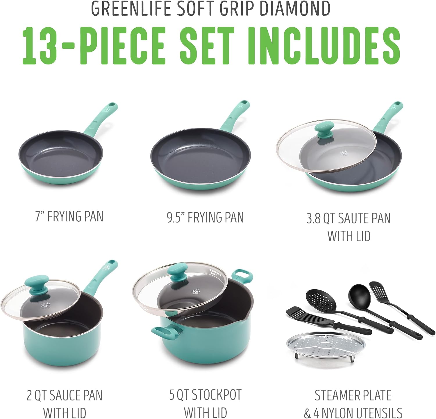 GreenLife Soft Grip Healthy Ceramic Nonstick, 15 Piece Cookware Pots and Pans Set, Induction, PFAS-Free, Dishwasher Safe, Turquoise