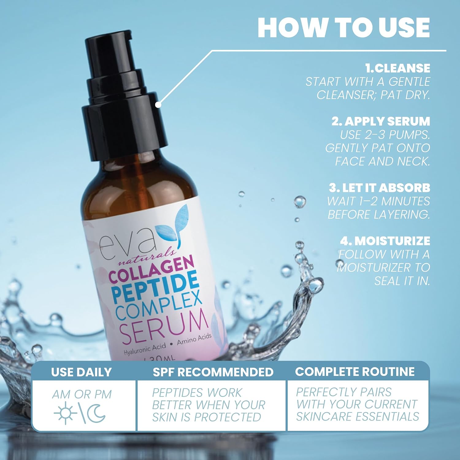 Eva Naturals Collagen Peptide Serum, Hyaluronic Acid, Fine Lines, 2 oz | Firming, hydrating, wrinkle reducer, anti-aging, for women & men, for face