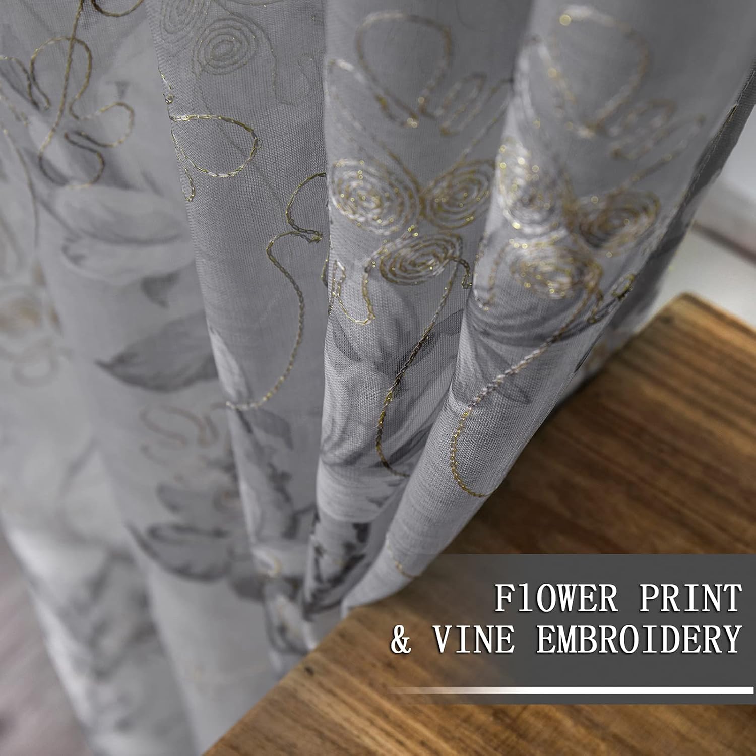 Tollpiz Floral Grey Sheer Curtain Flower Print Vine Embroidery Bedroom Curtains Rod Pocket Voile Window Curtain for Living Room, 54 x 84 inches Long