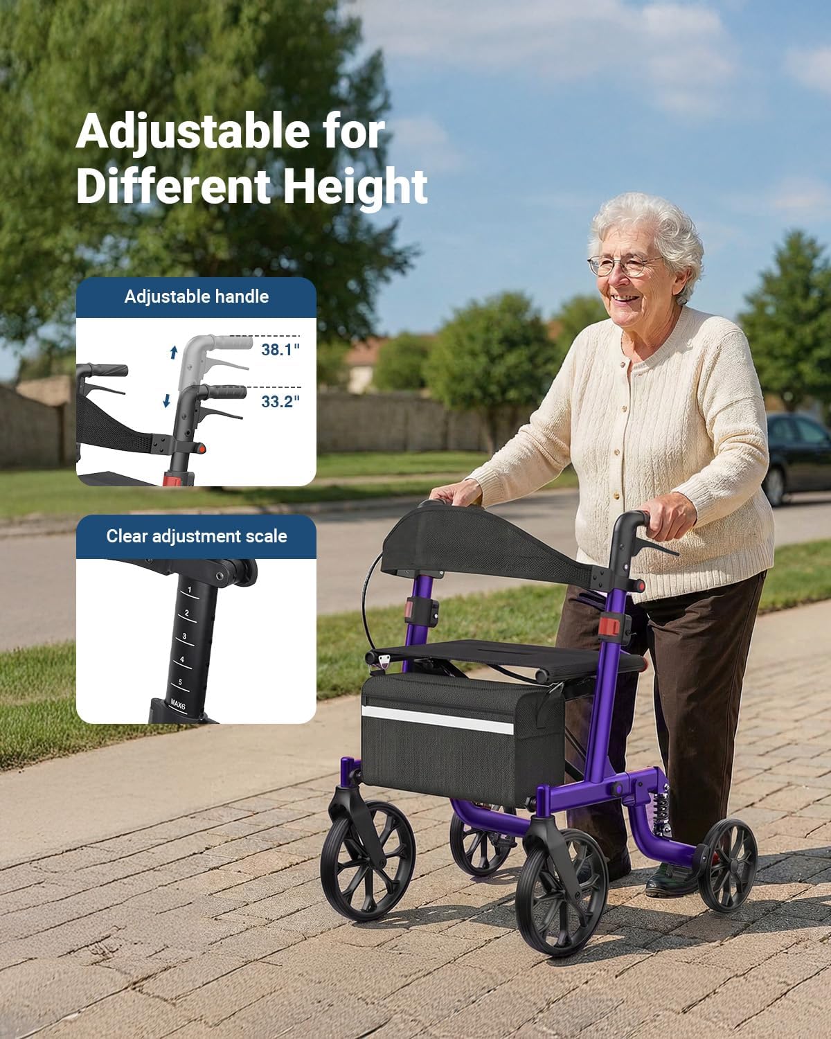 Foldable Rollator Walkers with Seat for Seniors, All Terrain Outdoor（Red | Patented Shock-Absorbing,Tool-Free Adjustment,350 lbs Capacity, 10″ Solid Wheels,16.3lbs Lightweight, Fit 61"-74" Tall User