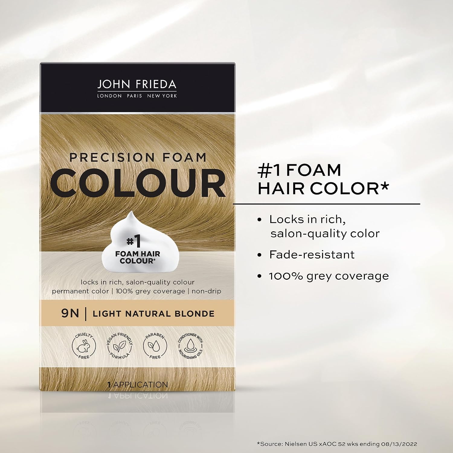 John Frieda Precision Foam Colour Light Natural Blonde 9N, 1 Application | Full Gray Coverage, Anti-Fade Color, Light Blonde Tone, Deep Saturation, Easy Foam Application