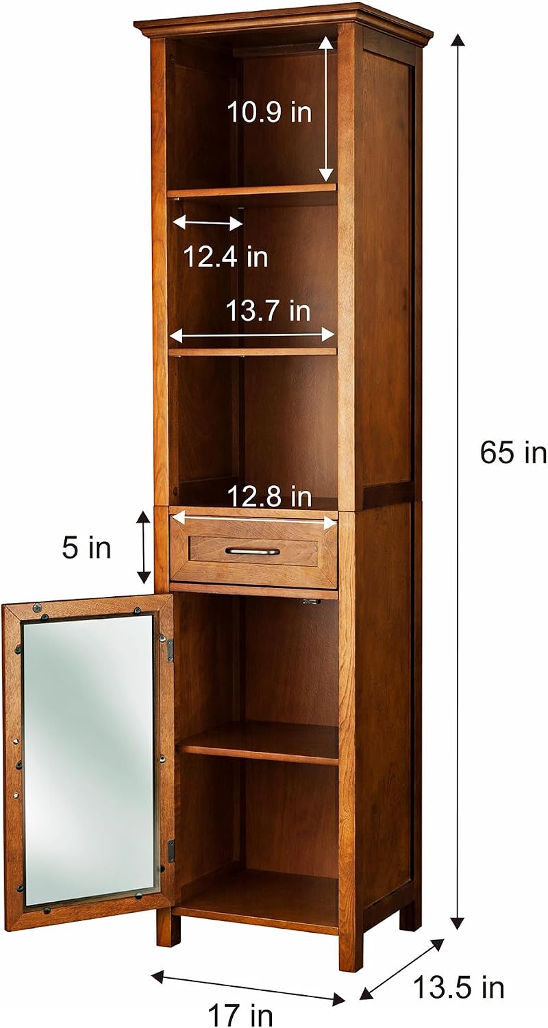 Teamson Home Avery Wooden Bathroom Linen Tower Cabinet with 1 Drawer 3 Adjustable Interior Shelves and 6 Storage Spaces, Oiled Oak