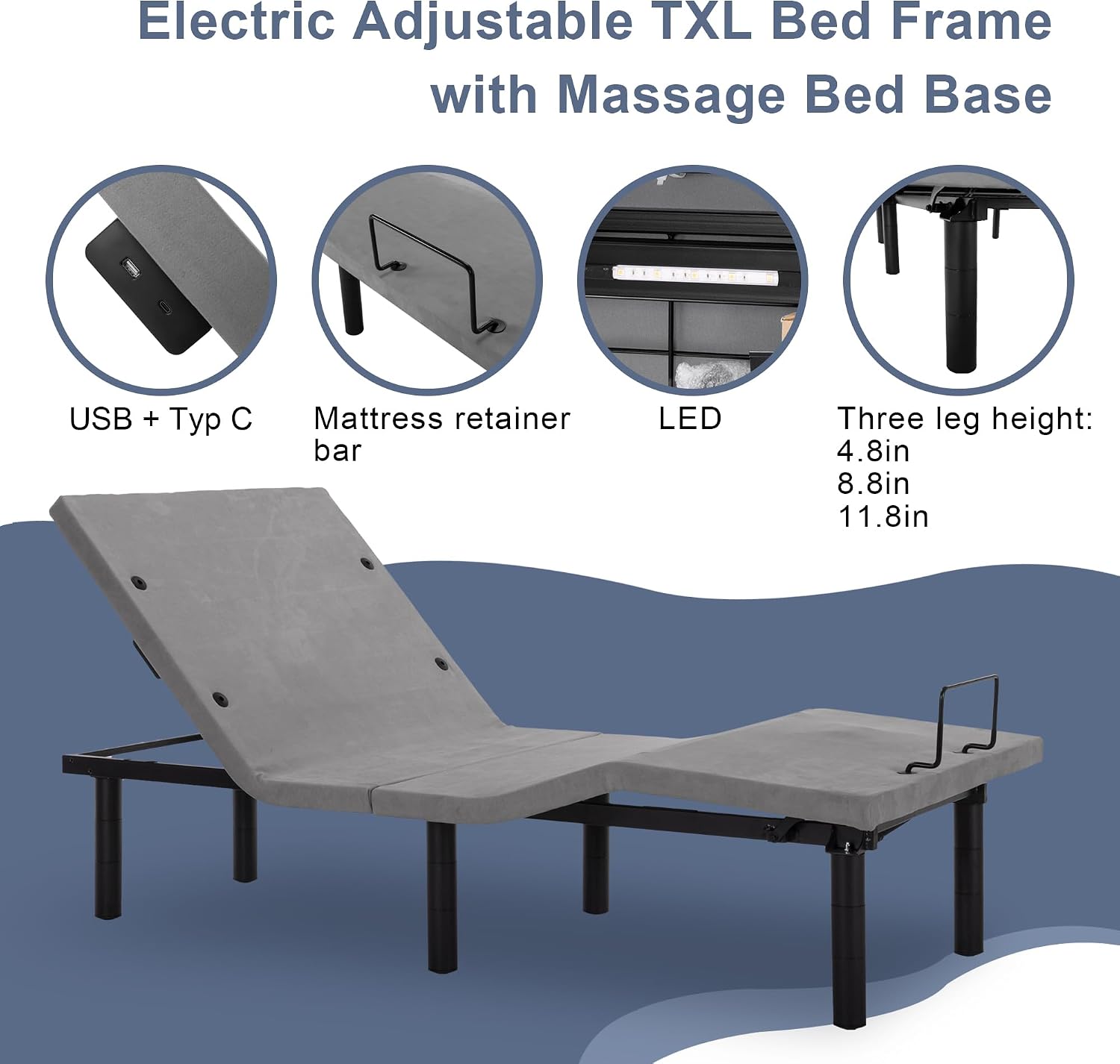Fromann Adjustable Electric Twin XL Bed Base Frame with Massage, USB Type-C Ports, Zero Gravity, Under Bed Led Lighting and Three Leg Height (Black)