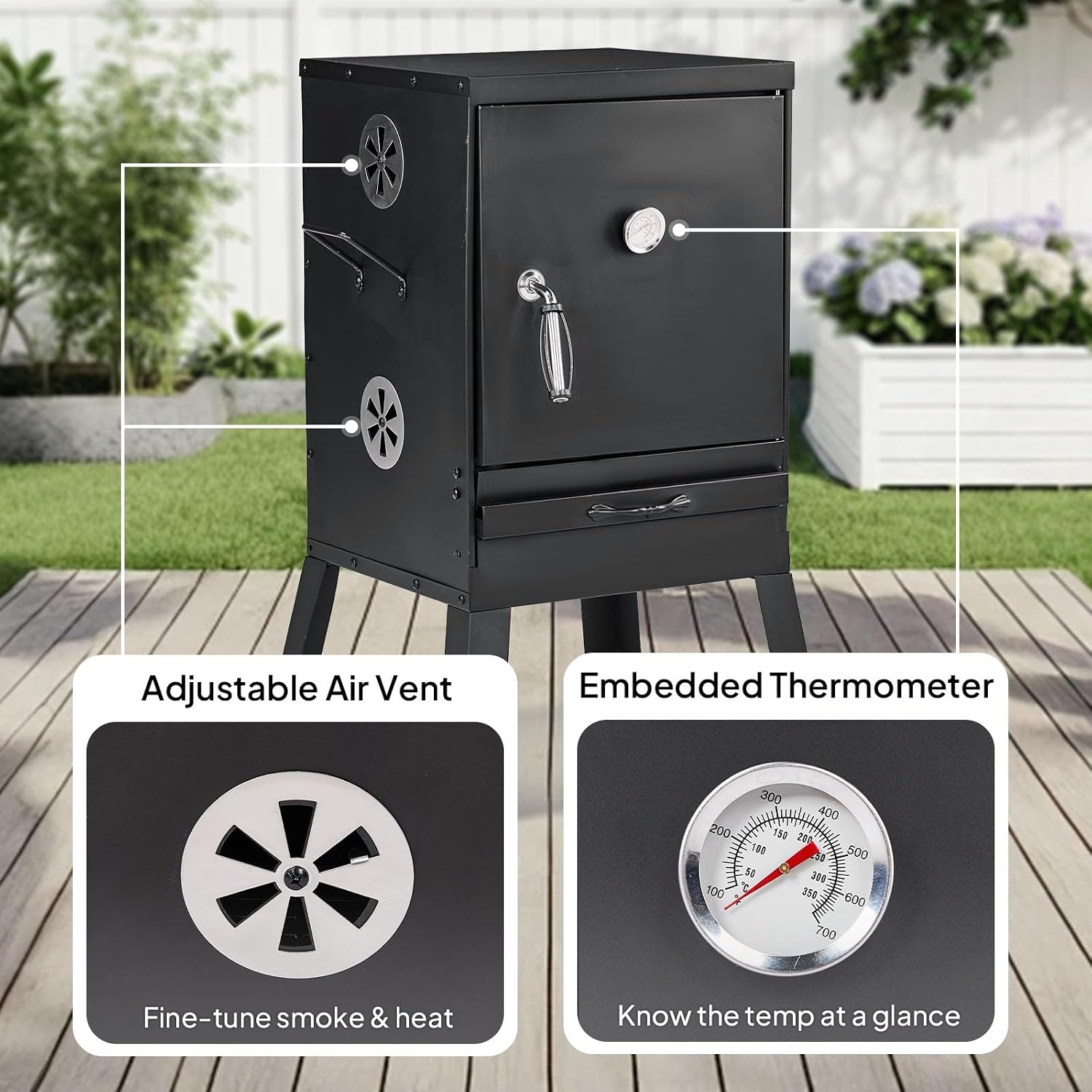 ROVSUN 2-in-1 Outdoor Smoker, Vertical Portable Charcoal Grill Smoker with Two Detachable Grill Smoking Racks and Charcoal Pan