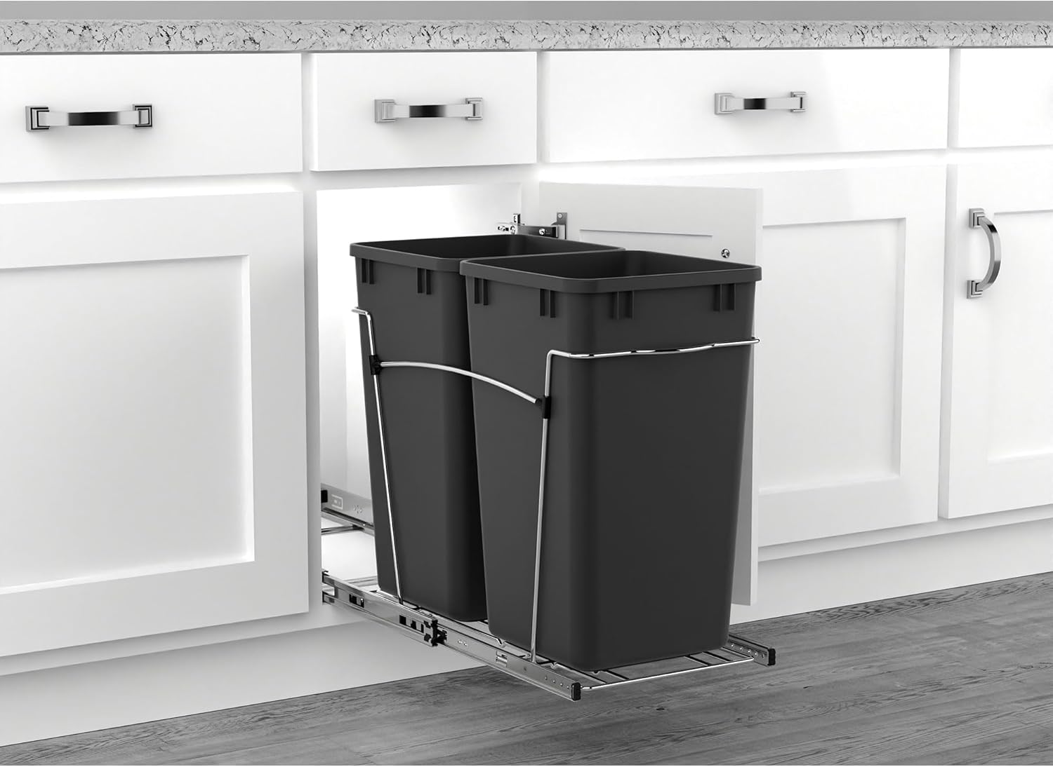 Rev-A-Shelf Double 27 Qt Pullout Trash Can for Base Kitchen Cabinets, Garbage Waste Bin System with Full Extension Slides, Min Opening Width of 11.5", Metallic Silver, RV-15KD-17C S