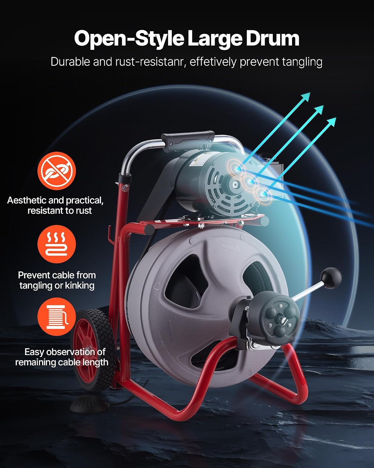 VEVOR Drain Cleaner Machine 100 FT x 1/2 Inch, Auto Feed Sewer Snake Drain Auger on Wheels, Portable Drain Cleaning Machine with 8 Cutters & Air-Activated Foot Switch for 2" to 6" Pipes