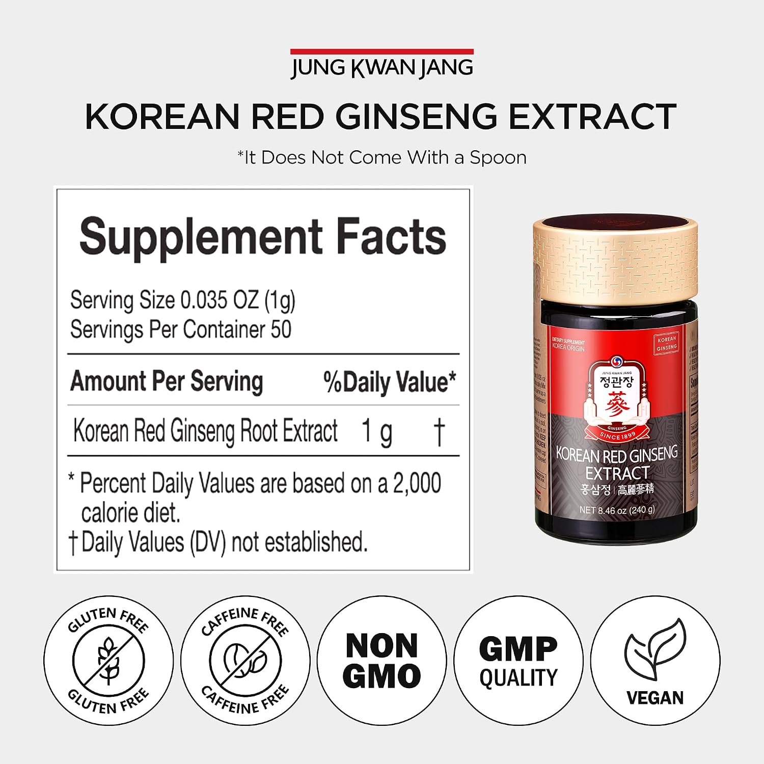 JUNG KWAN JANG Korean Red Panax Ginseng Extract Extra Strength, Energy 240g | Extra Strength, Energy Boost, Boost Immune System, Stamina, Blood Circulation, Memory, Focus, Caffeine Free, Vegan, Non-GMO