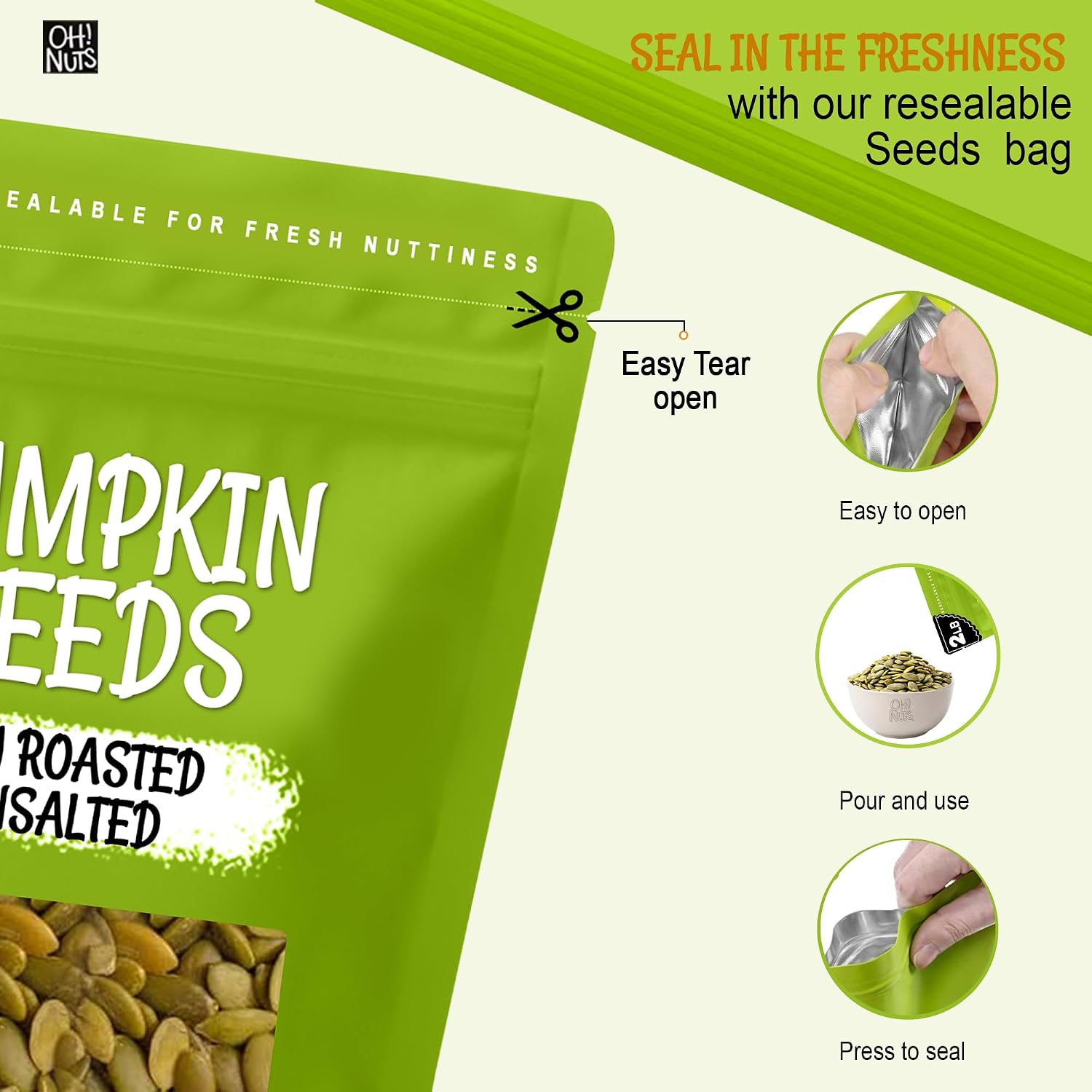 Oh! Nuts Pumpkin Seeds Roasted Unsalted 2lb Pepitas Dry Roasted Organic | Pumpkin seeds unsalted roasted - Pepitas protein power - Packed NY