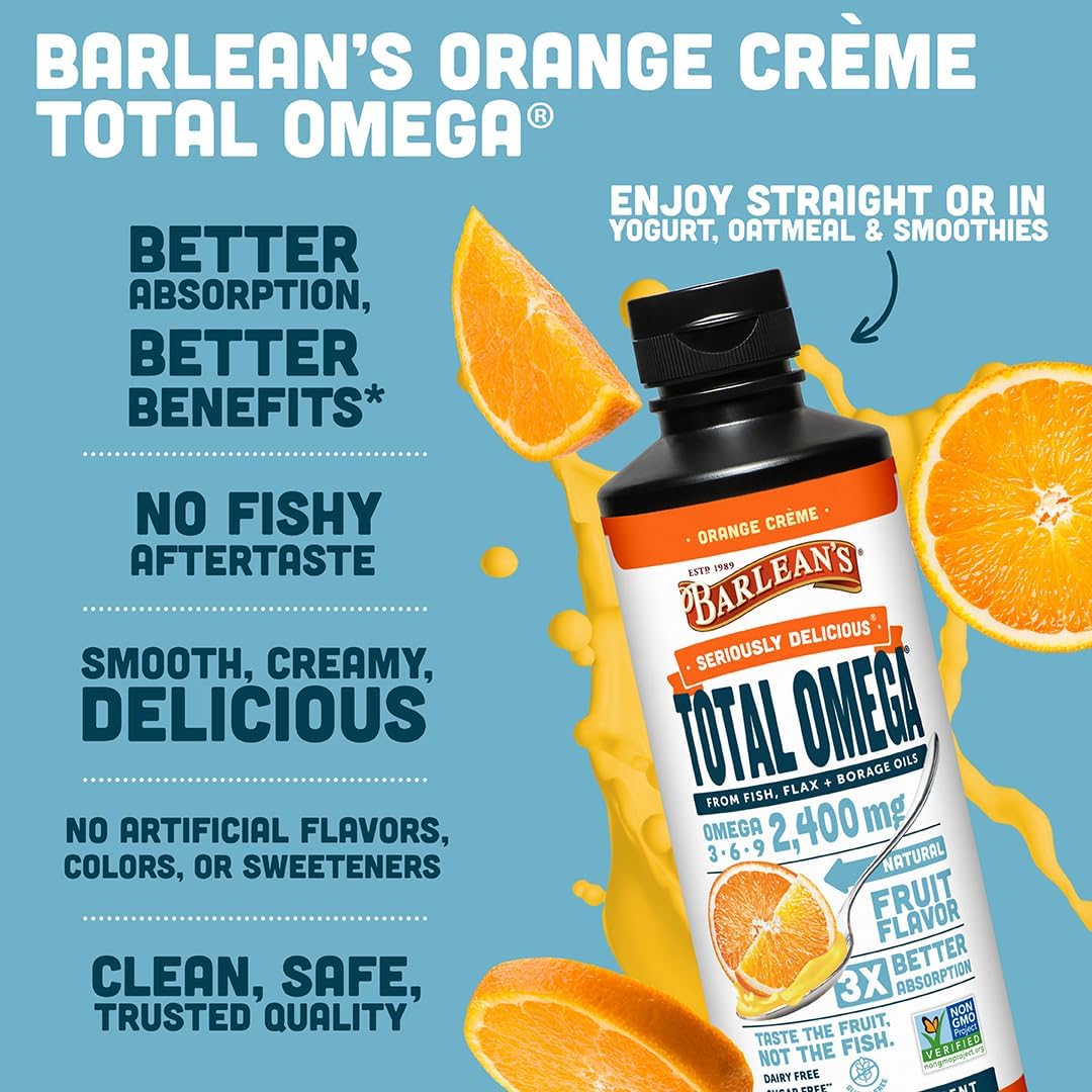 Barlean's Total Omega 3 6 9 Orange Crème Liquid Fish Oil Supplement with Borage and Flaxseed Oil, 2,400 mg of Omegas EPA and DHA Plus GLA for Joint and Heart Health, 8 oz | Fish, borage & flax oils, EPA DHA ALA GLA omegas, Burpless, Non-GMO, Gluten-free,…