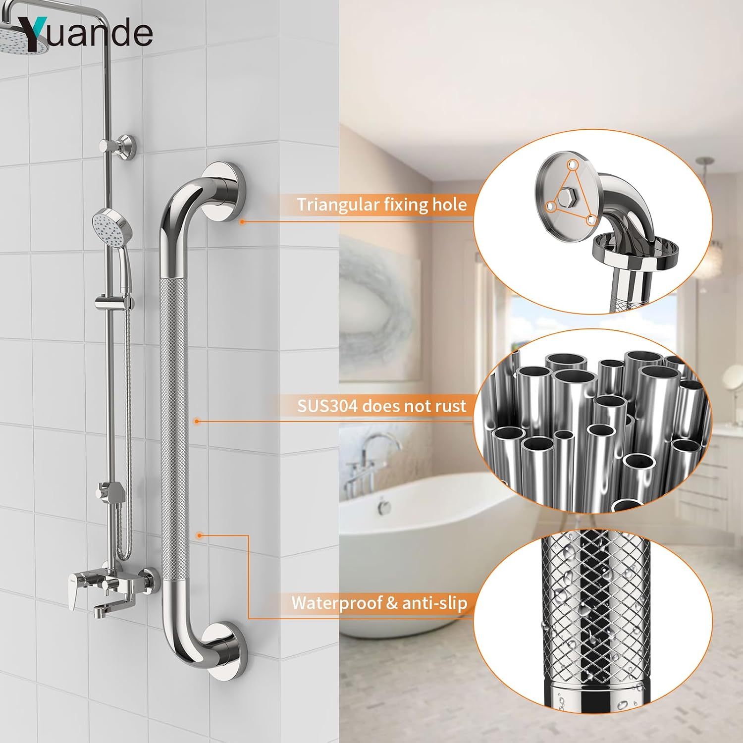 40 Inch Brushed Nickel Shower Grab Bar Anti-Slip Knurled Grip,Safety Handle | YuanDe 1.25" Diameter Stainless Steel Bathroom Grab Bars, Handicap Injury Elderly Senior Assist Support Shower Handle-2Packs