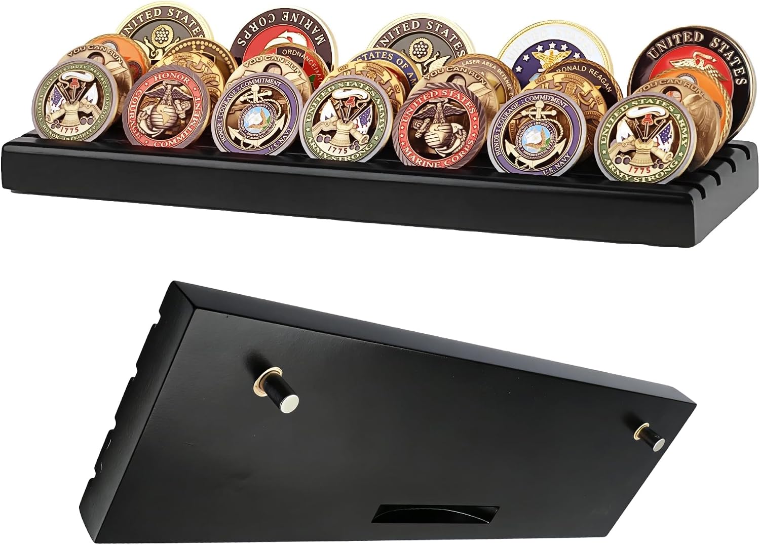 DisplayGifts Challenge Coin Display Stand 4 Row Wooden Holder Rack Case Holds 28 Coins Walnut Finish