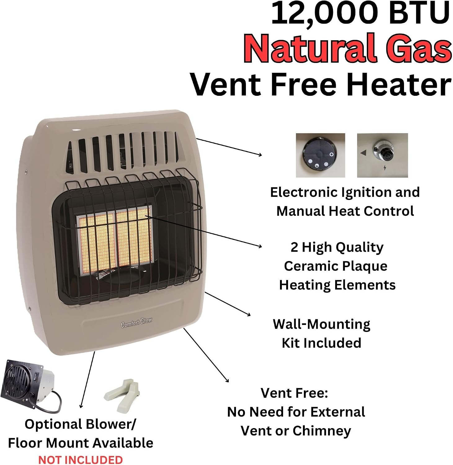 WORLD MKTG OF AMERICA/IMPORT KWN211 2 Plaque 12000 BTU Gas Wall Heater | 2 Plaque, Infrared Radiant Gas Heater for Indoor Use, Heats up to 400 sq ft