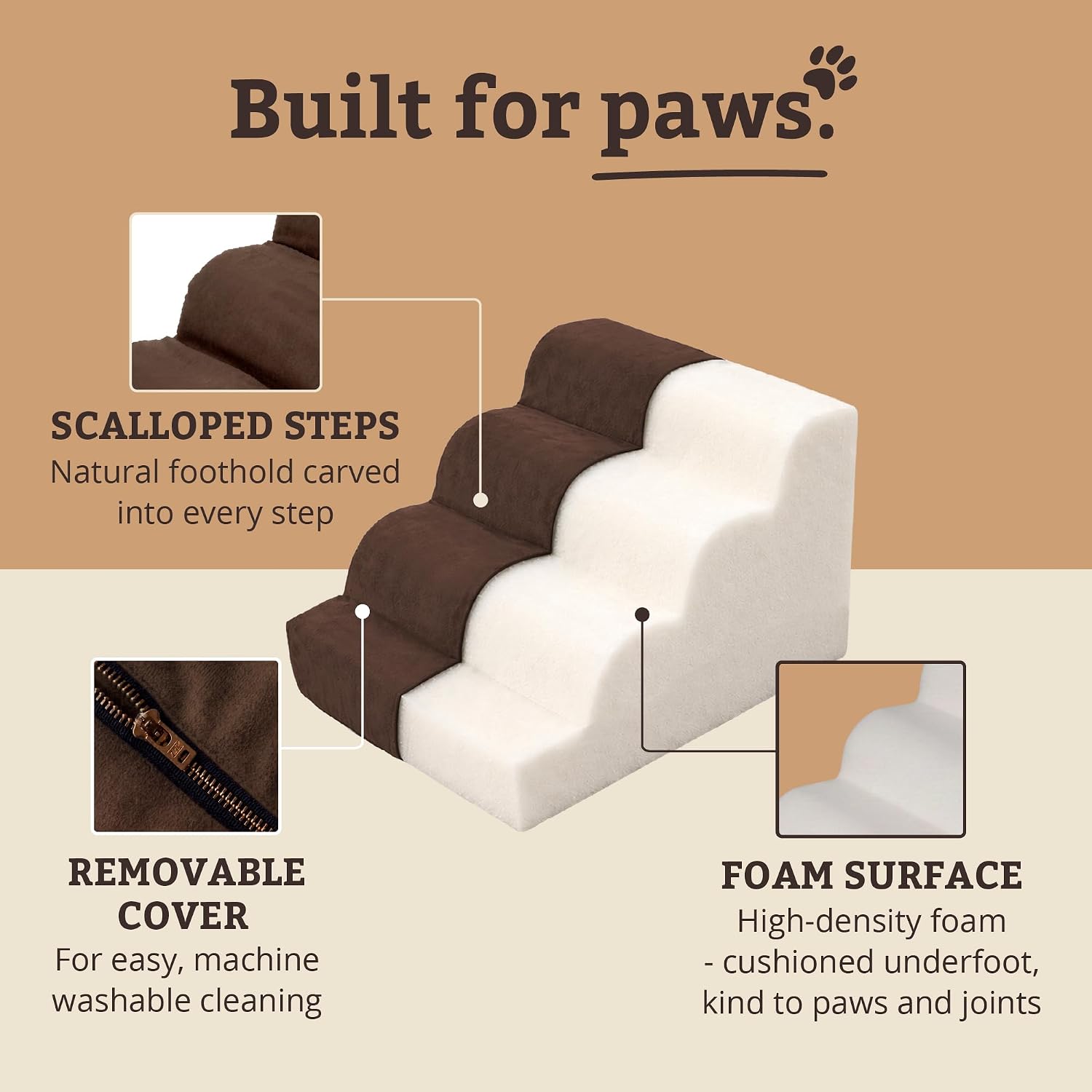 Snoozer Scalloped Dog Ramp, 14” Tall Foam Pet Stairs, 3 Steps, Red | Lightweight & portable foam dog stairs, Removable washable cover, Great for small, old, or injured pets up to 100lbs