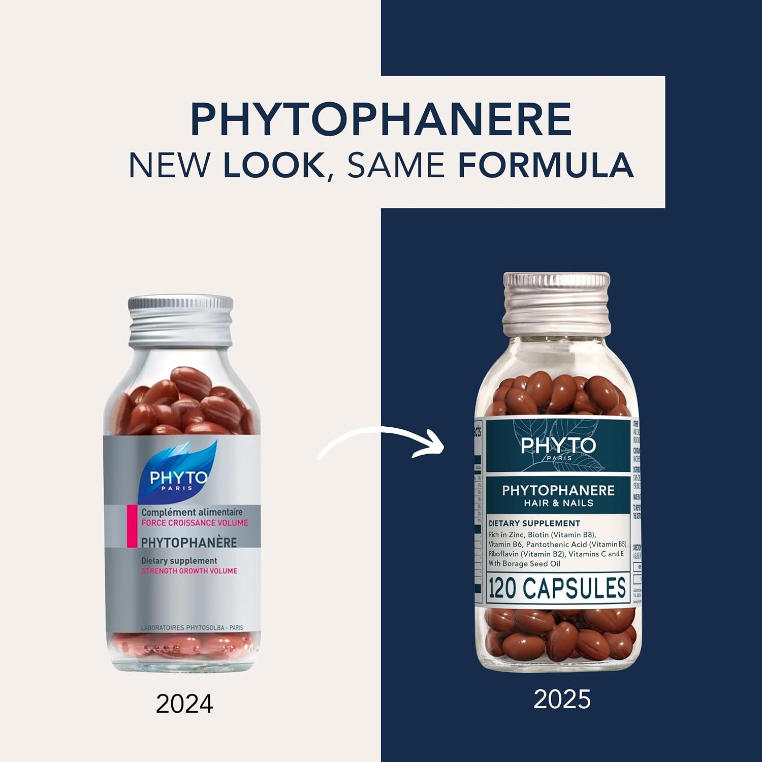 PHYTO Phytophanère Hair Growth Supplement for Women & Men - Biotin, Zinc & Vitamin B6 for Thicker, Stronger Hair & Nails - 120 Capsules, 2-Month Supply
