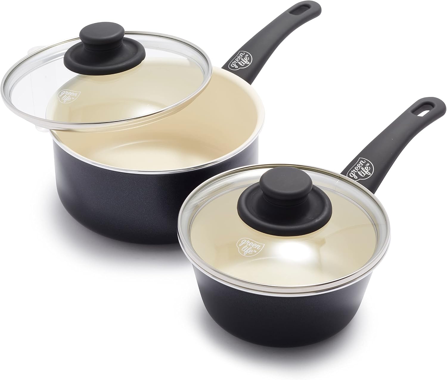 GreenLife Soft Grip 1QT and 2QT Saucepan Set, Healthy Ceramic Nonstick, Non Toxic PFAS & PFOA-Free, Dishwasher Safe, Glass Lids, Stay-Cool Handles, Easy Clean Cookware, Kitchen Essentials, Turquoise