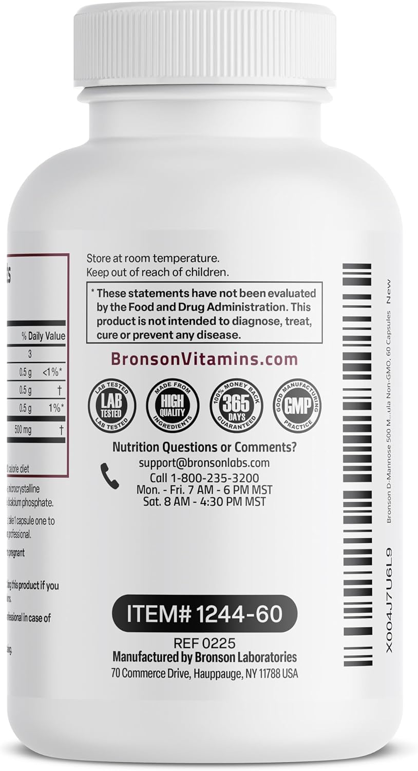 Bronson D-Mannose 500 MG Vegetarian Friendly Formula Non-GMO, 60 Capsules
