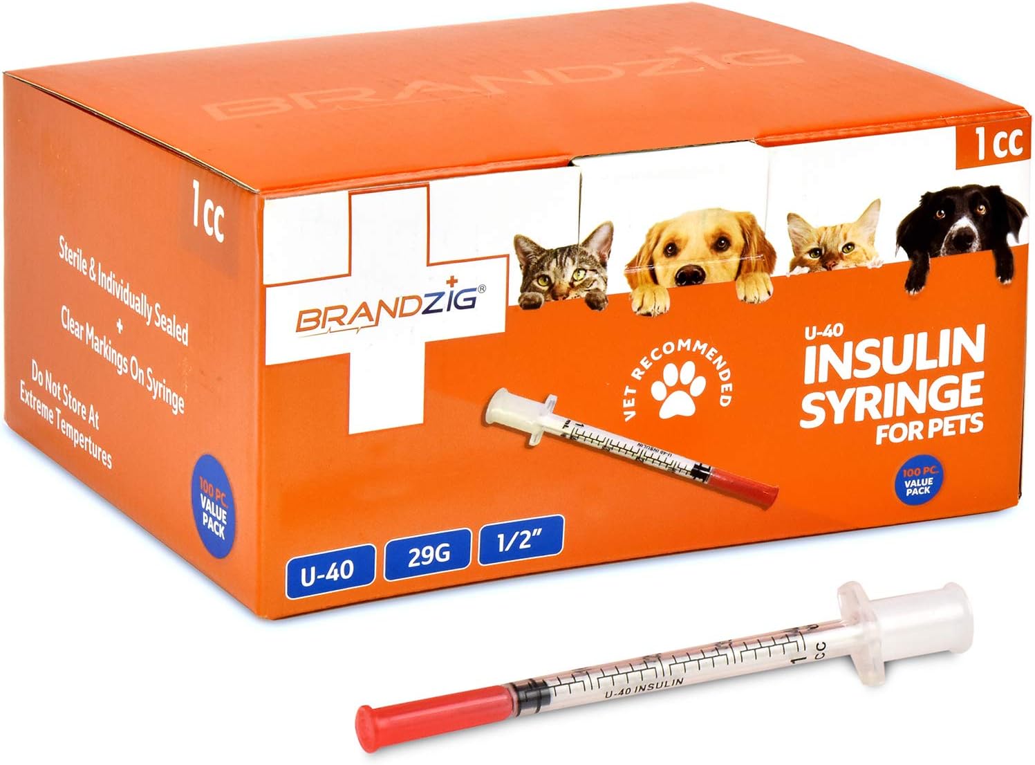 Brandzig U-40 Pet Insulin Syringes 29G 1cc 1/2" 100-Pack
