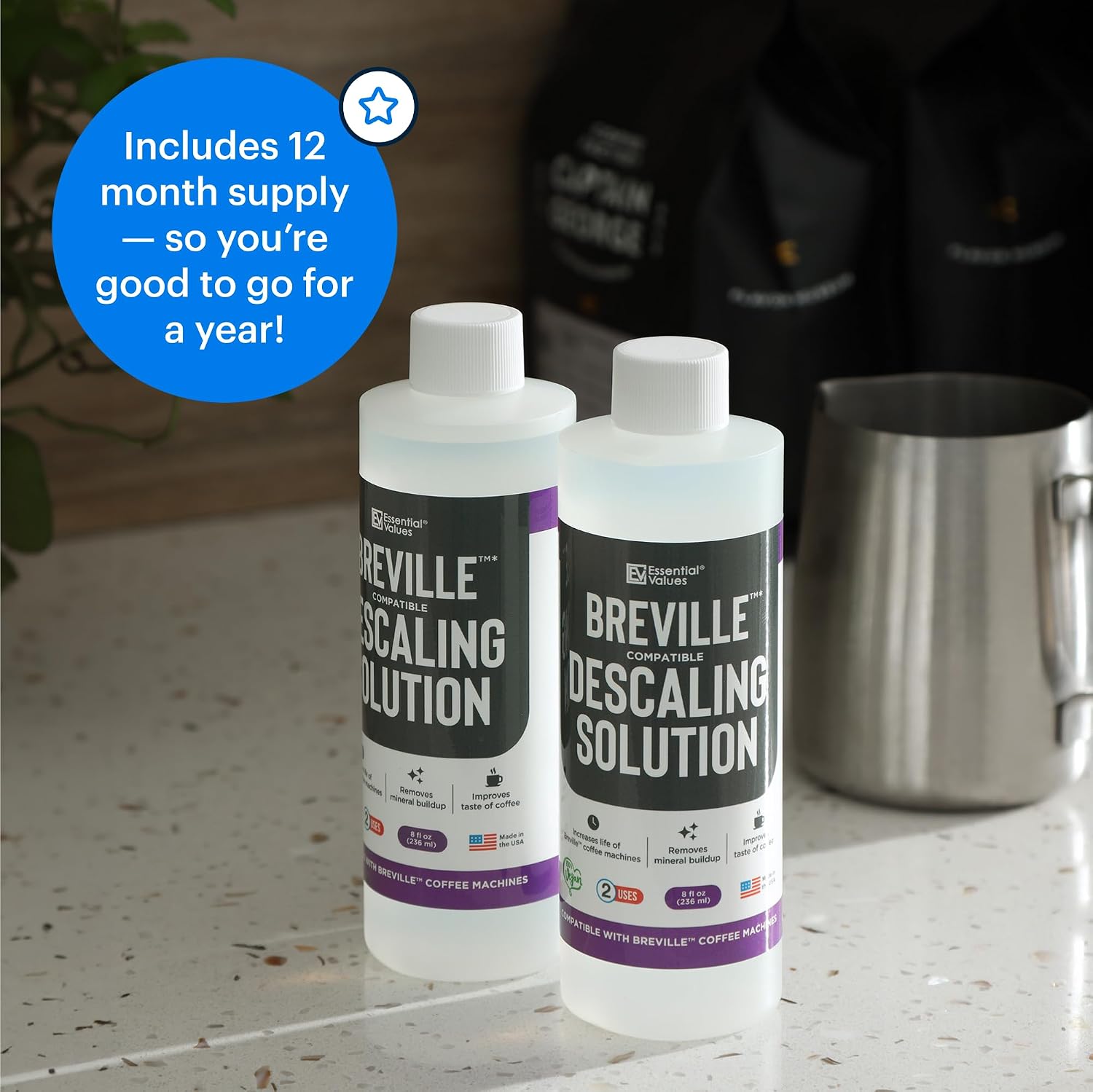 Essential Values Universal Descaling Solution, Made in the USA for Delonghi, Keurig, Breville,Nespresso (2 Uses) Coffee Machine Descaler Cleaner for all Automatic Coffee Makers & Espresso Machines