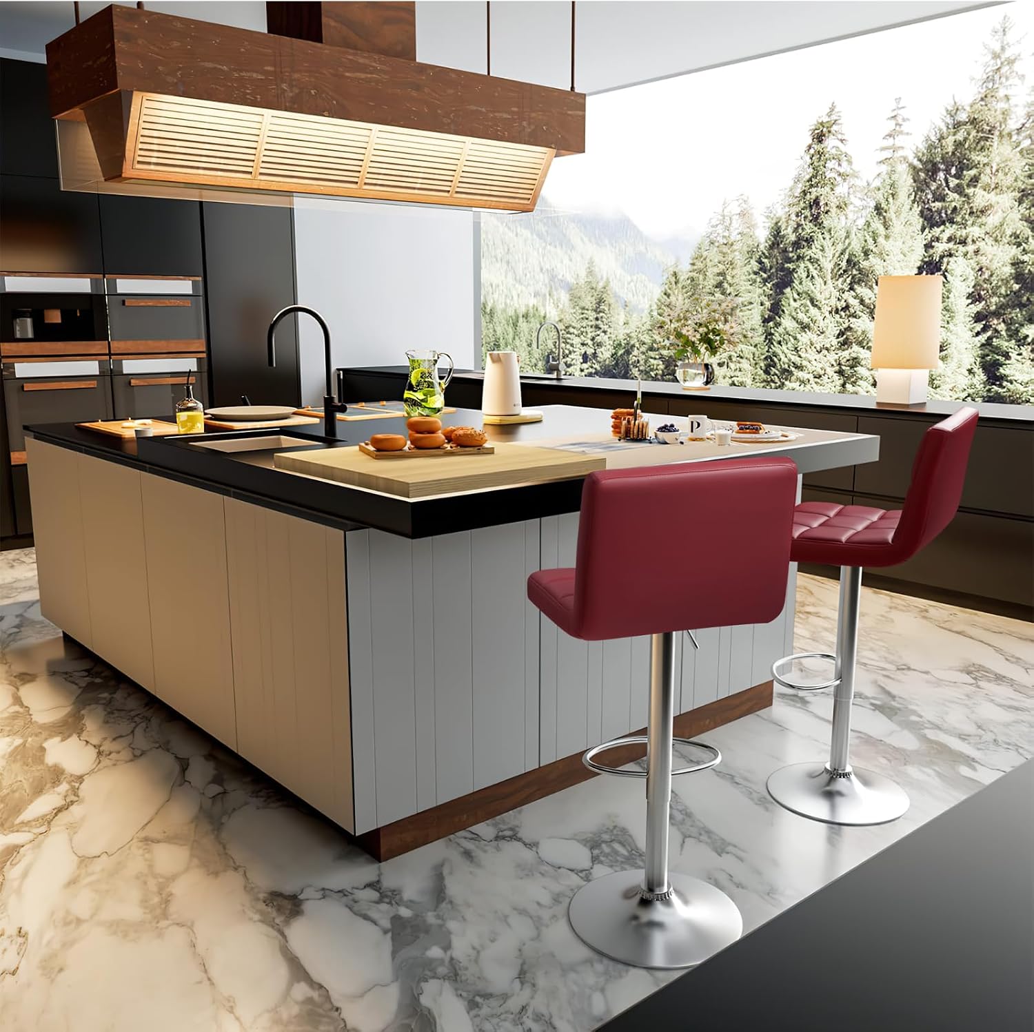 Homall Bar Stools Modern PU Leather Adjustable Swivel Barstools, Armless Hydraulic Kitchen Counter Bar Stool Extra Height Square Island Barstool with Back Set of 2 (Leather, White)