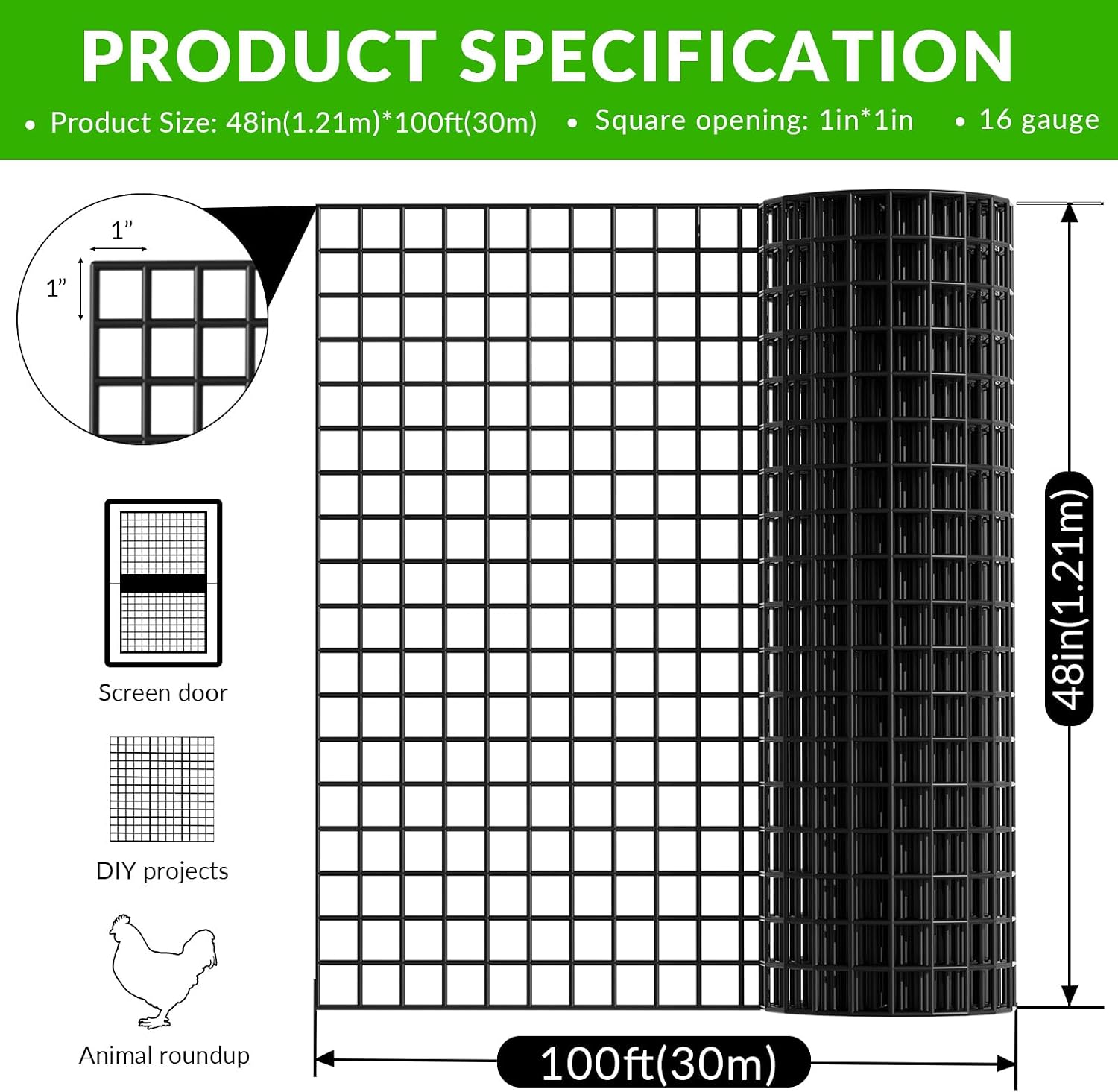 24'' x 50' 1inch Hardware Cloth 16 Gauge Black Vinyl Coated Welded Fence Mesh for Home and Garden Fence and Home Improvement Project (24'' x 50')