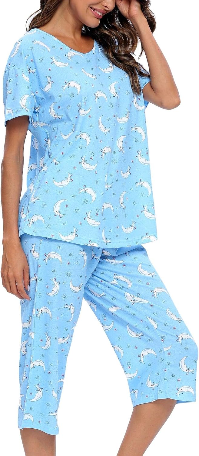 ENJOYNIGHT Womens Pajama Set Cotton Short Sleeve Top With Capri Pants Pj