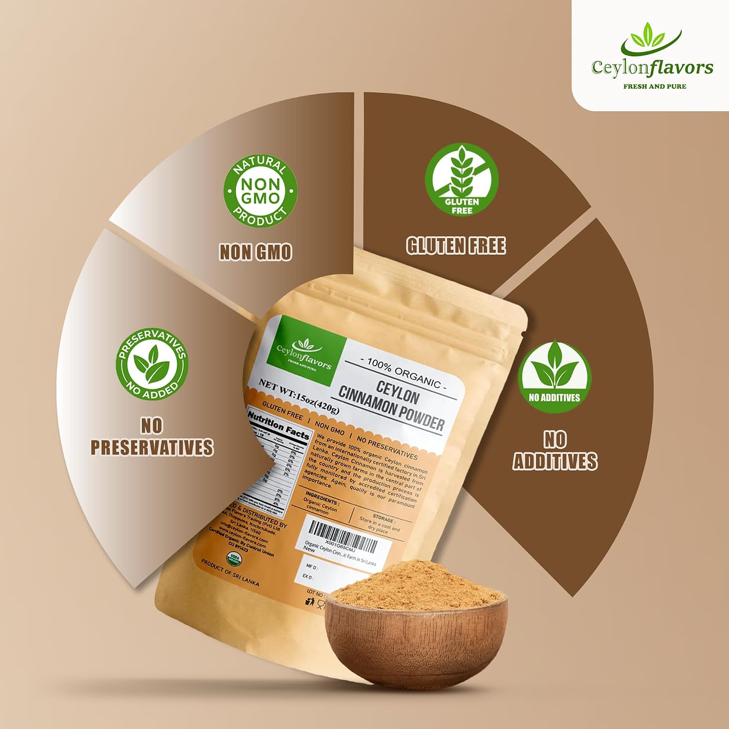 Organic Ceylon Cinnamon Powder, 15 oz, True Cinnamon, Premium Grade, Harvested & Packed from a USDA Certified Organic Farm in Sri Lanka