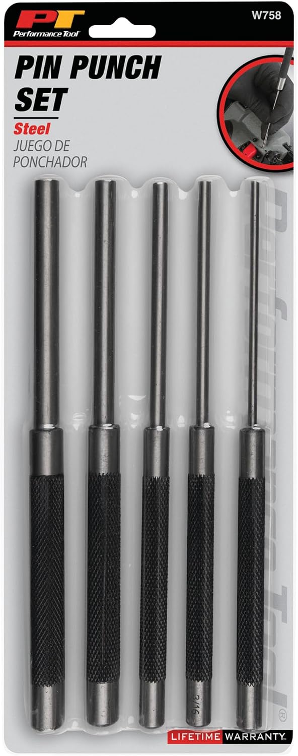 Performance Tool W758 5-Piece 8 in. Long Pin Punch Set | Carbon steel construction with hardened tips. Knurled handles for sure grip. Reaches deeply set pins