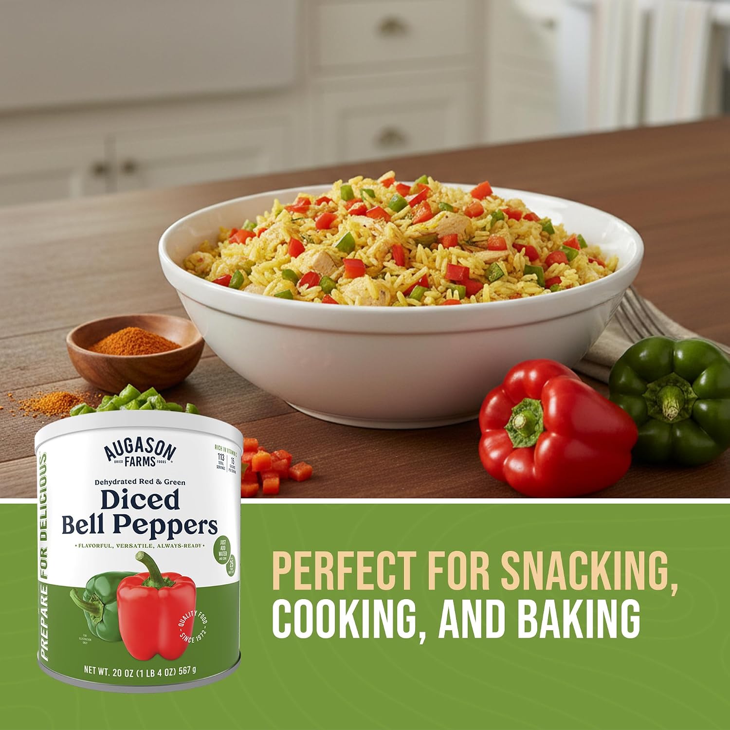 Augason Farms Dehydrated Diced Bell Peppers Can | Emergency Food Supply, 113 Servings, 25 Year Shelf Life, Red and Green Peppers, Dehydrated Meals