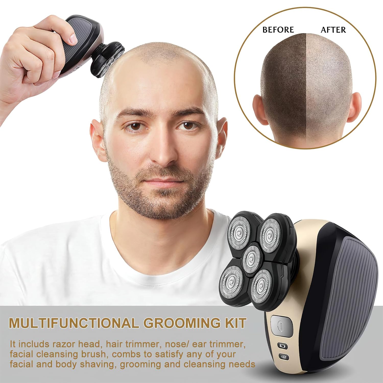 Bald Shavers for Men - Telfun Upgrade 5-in-1 Electric Head Shavers for Bald Men, 100% Waterproof Cordless Razor, Wet/Dry Shaving, 5 Dual Track Heads